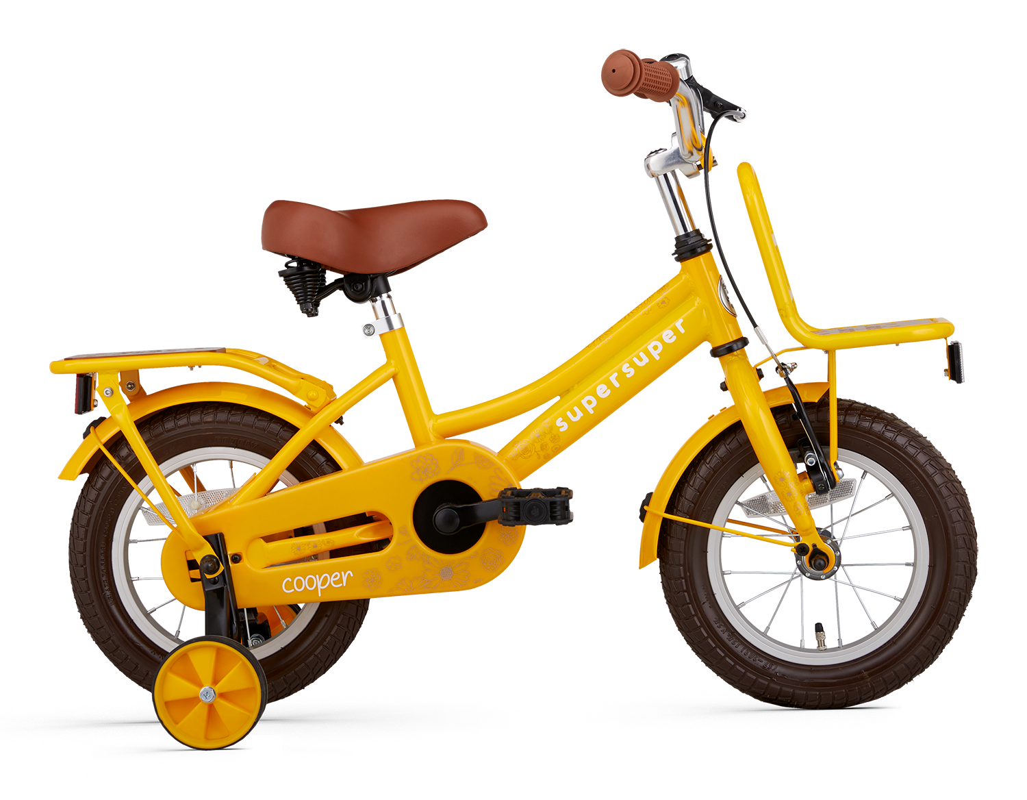 SuperSuper Cooper Bamboo 12 Kinderfiets Geel – Inclusief Zijwieltjes, Robuuste Kinderfiets met Aluminium Frame en Veiligheidshandvatten - AE-trading