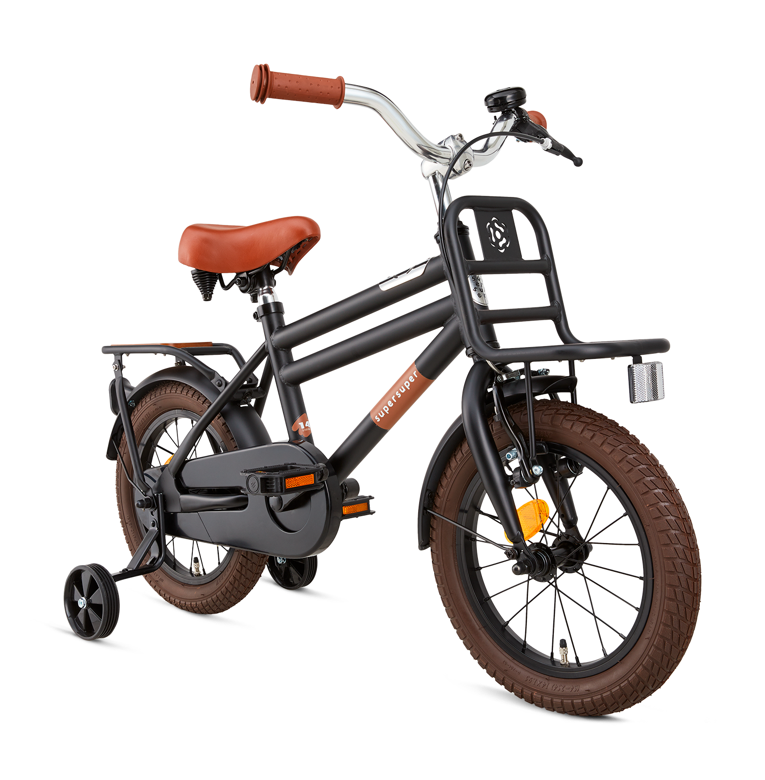 SuperSuper Cooper Bamboo 14 Boys Mat Zwart Kinderfiets – Duurzame Jongensfiets met Lichtgewicht Aluminium Frame & Veiligheidshandvatten - AE-trading