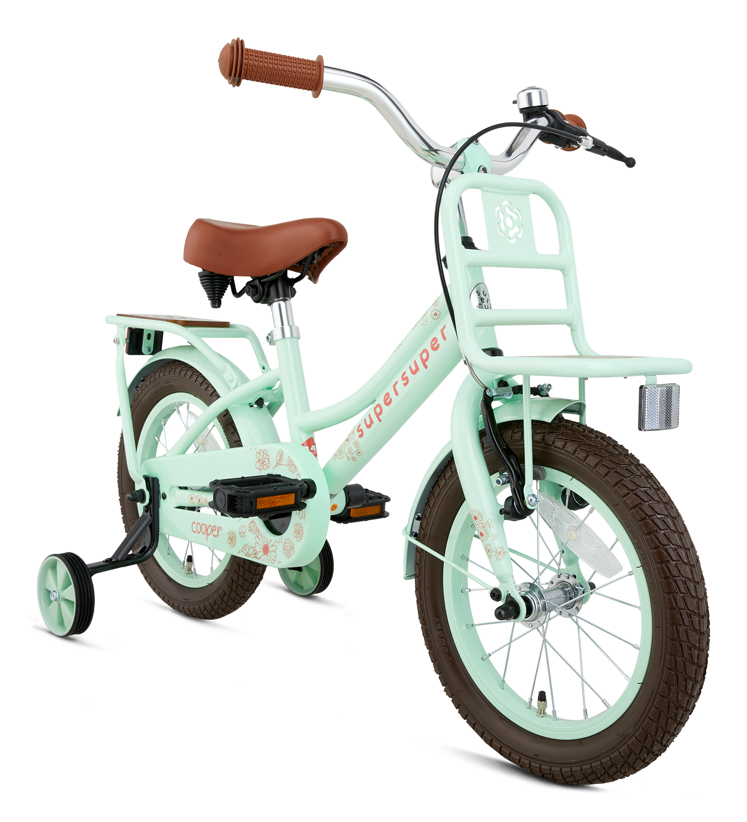 SuperSuper Cooper Bamboo 14 Kinderfiets Pistache – Inclusief Zijwieltjes, Duurzame Kinderfiets met Comfortabel Zadel en Veiligheidskenmerken - AE-trading