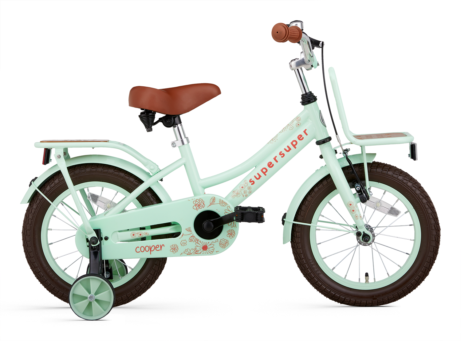 SuperSuper Cooper Bamboo 14 Kinderfiets Pistache – Inclusief Zijwieltjes, Duurzame Kinderfiets met Comfortabel Zadel en Veiligheidskenmerken - AE-trading