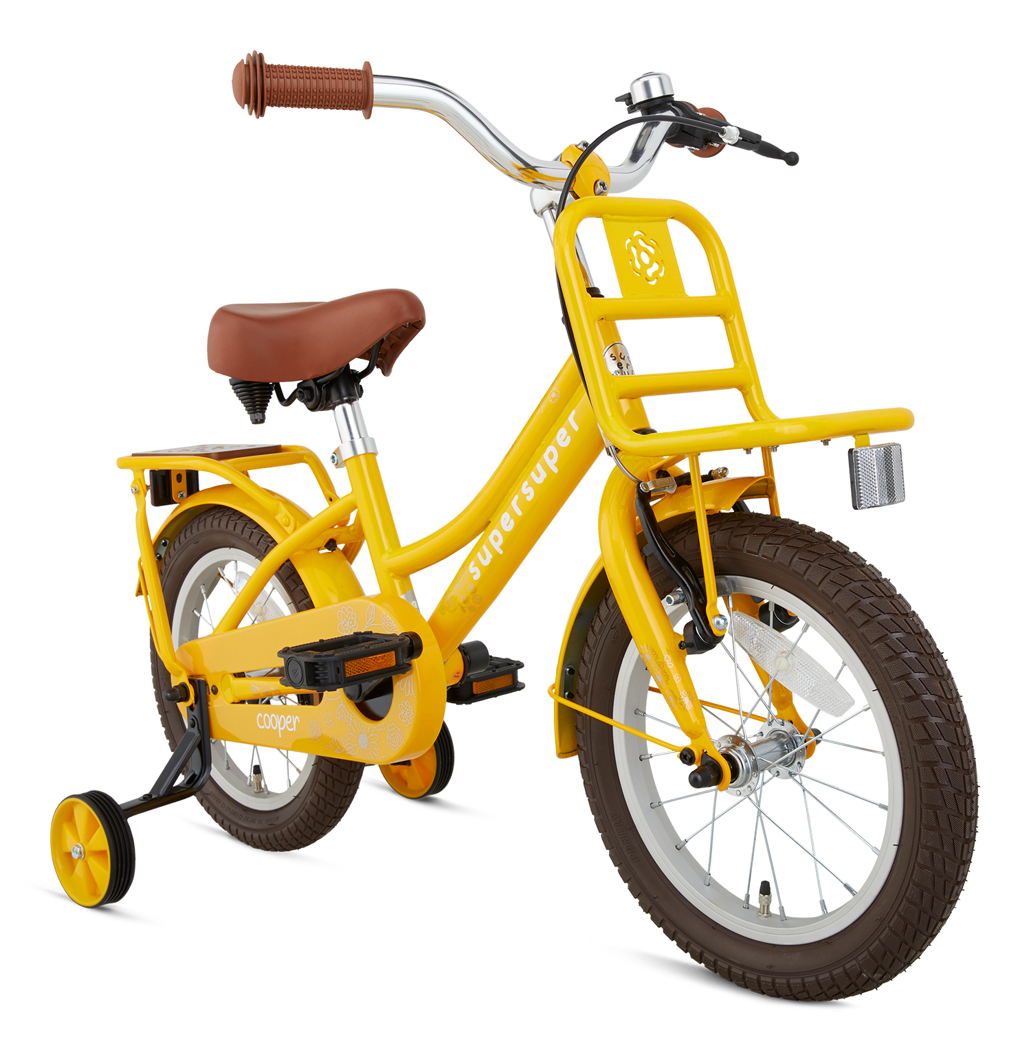 SuperSuper Cooper Bamboo 14 Kinderfiets Geel – Inclusief Zijwieltjes, Robuuste Kinderfiets met Aluminium Frame en Lichtgewicht Ontwerp - AE-trading