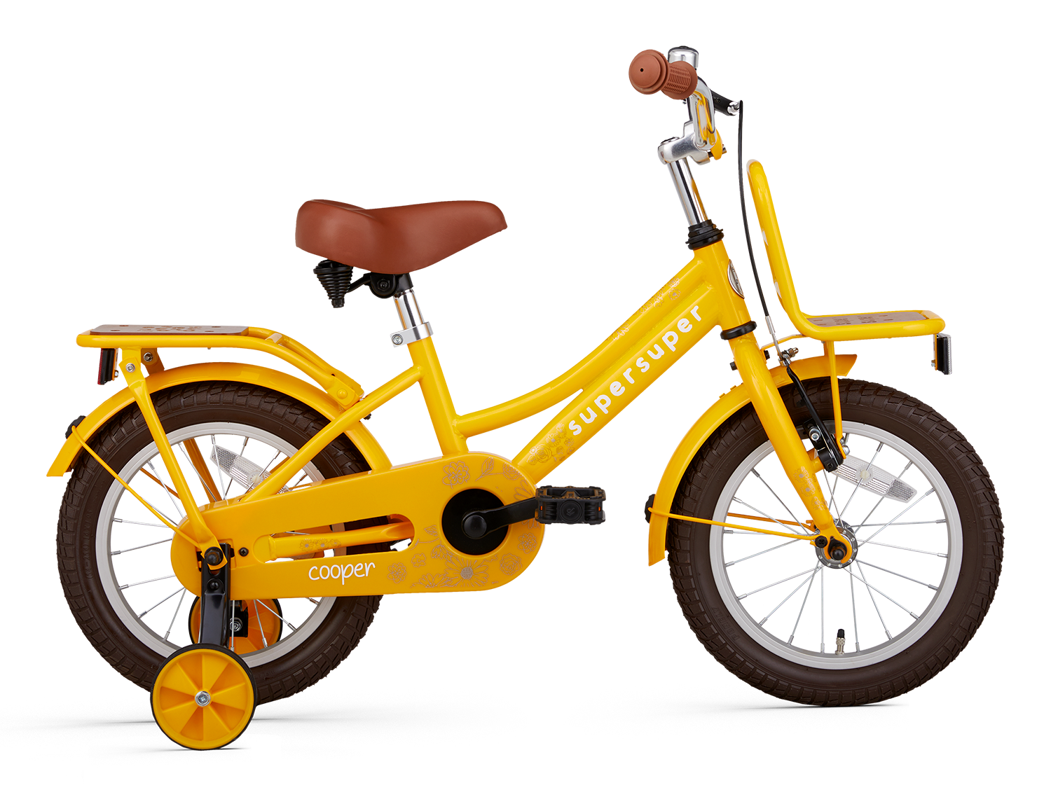 SuperSuper Cooper Bamboo 14 Kinderfiets Geel – Inclusief Zijwieltjes, Robuuste Kinderfiets met Aluminium Frame en Lichtgewicht Ontwerp - AE-trading