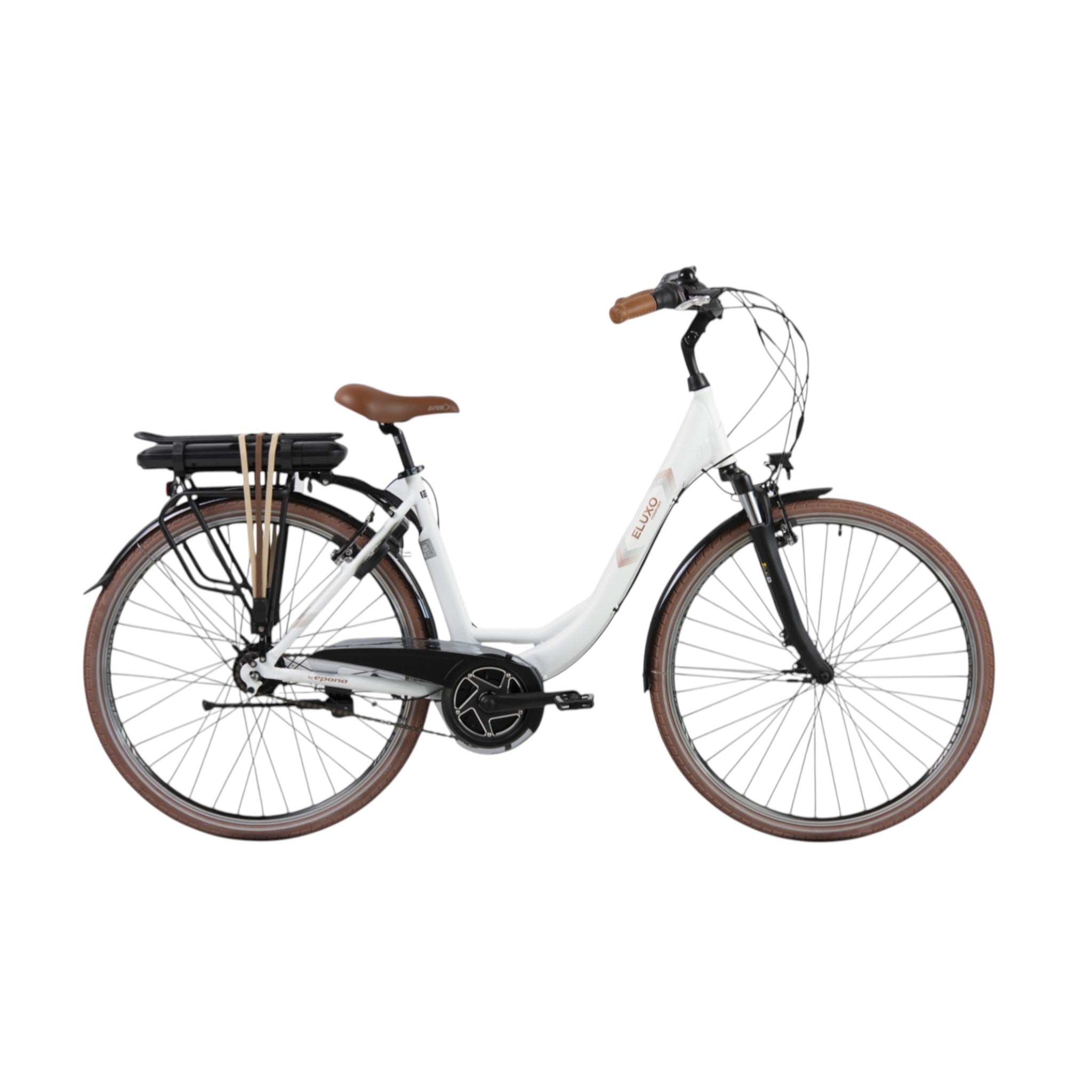 Eluxo E-Voltage City N8 - Elektrische Fiets - Mat Wit - 28 inch - Accu 468Wh - 250W Bewo Middenmotor - Shimano Revoshifter 8 Versnellingen - V-Brake Remmen