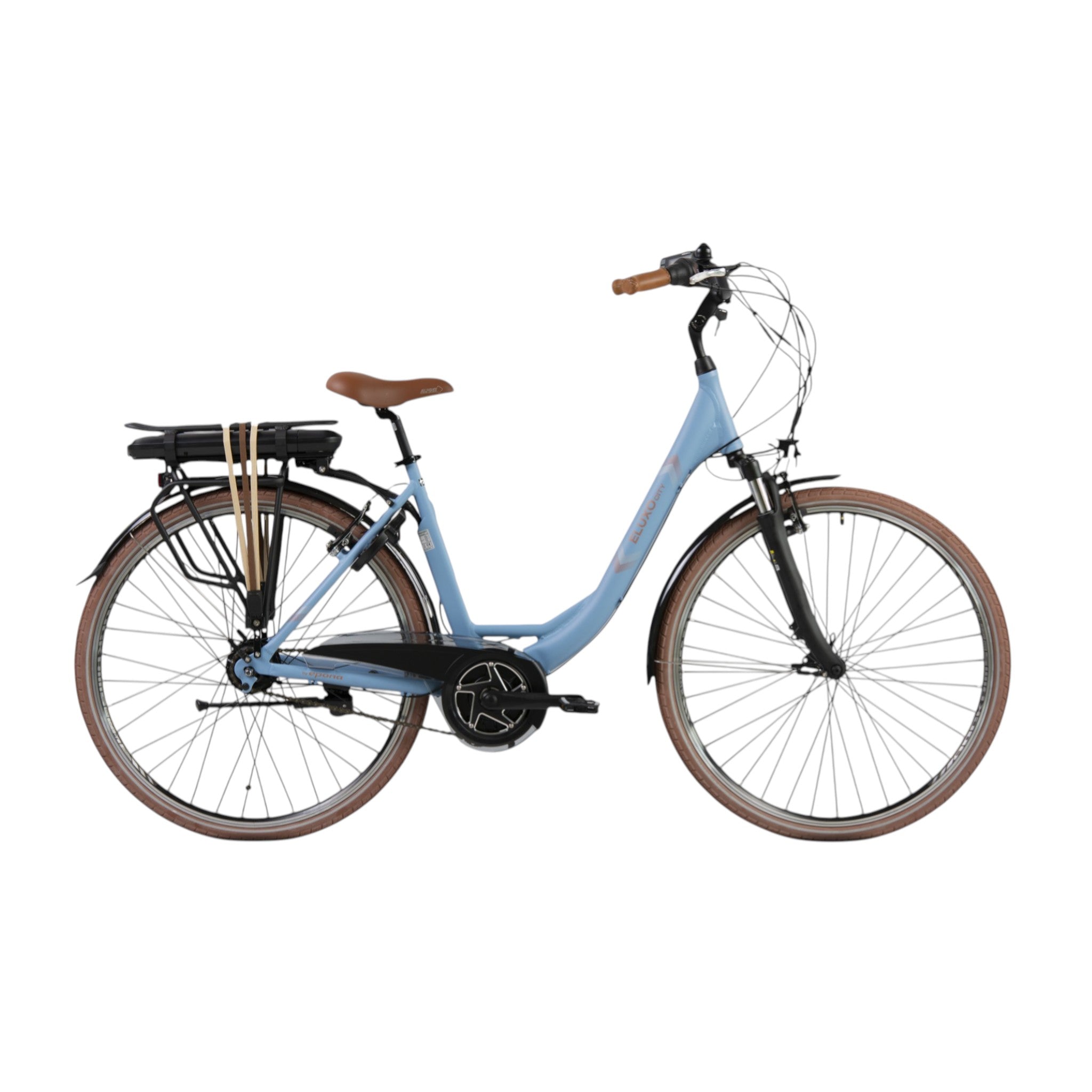 Eluxo E-Voltage City N8 - Elektrische Fiets - Pastelblauw - 28 inch - Accu 468Wh - 250W Bewo Middenmotor - Shimano Revoshifter 8 Versnellingen - V-Brake Remmen