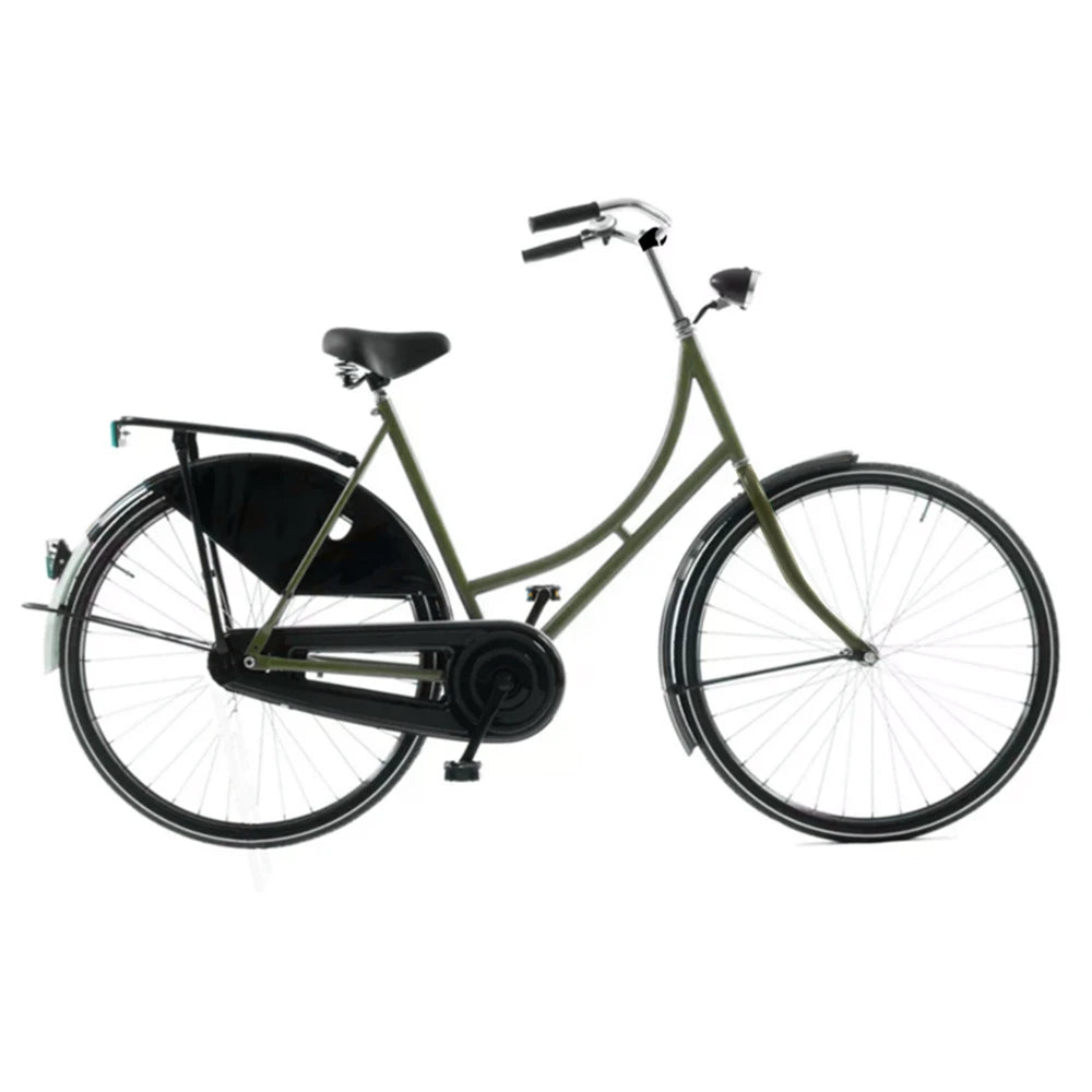 Avalon Oma D50cm. Kleur: legergroen. Uitvoering: remnaaf. Met oa: witte lijn banden, zwarte alu 635 velgen, linnen jasbeschermers, spaak 13 , Hesling kettingkast, Thun trapas, Humpert stuur , MADE IN HOLLAND. - AE-trading