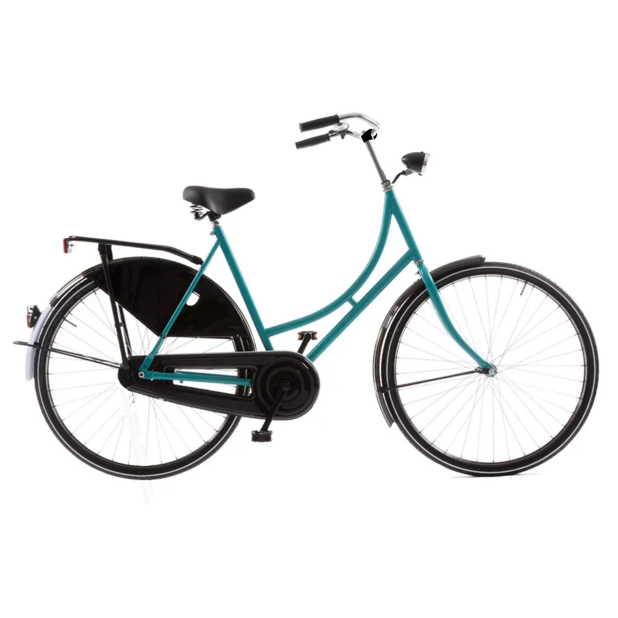 Avalon Oma D57cm. Kleur: Turquoise. Uitvoering: remnaaf. Met oa: witte lijn banden, zwarte alu 635 velgen, linnen jasbeschermers, spaak 13 , Hesling kettingkast, Thun trapas, Humpert stuur , MADE IN HOLLAND. - AE-trading
