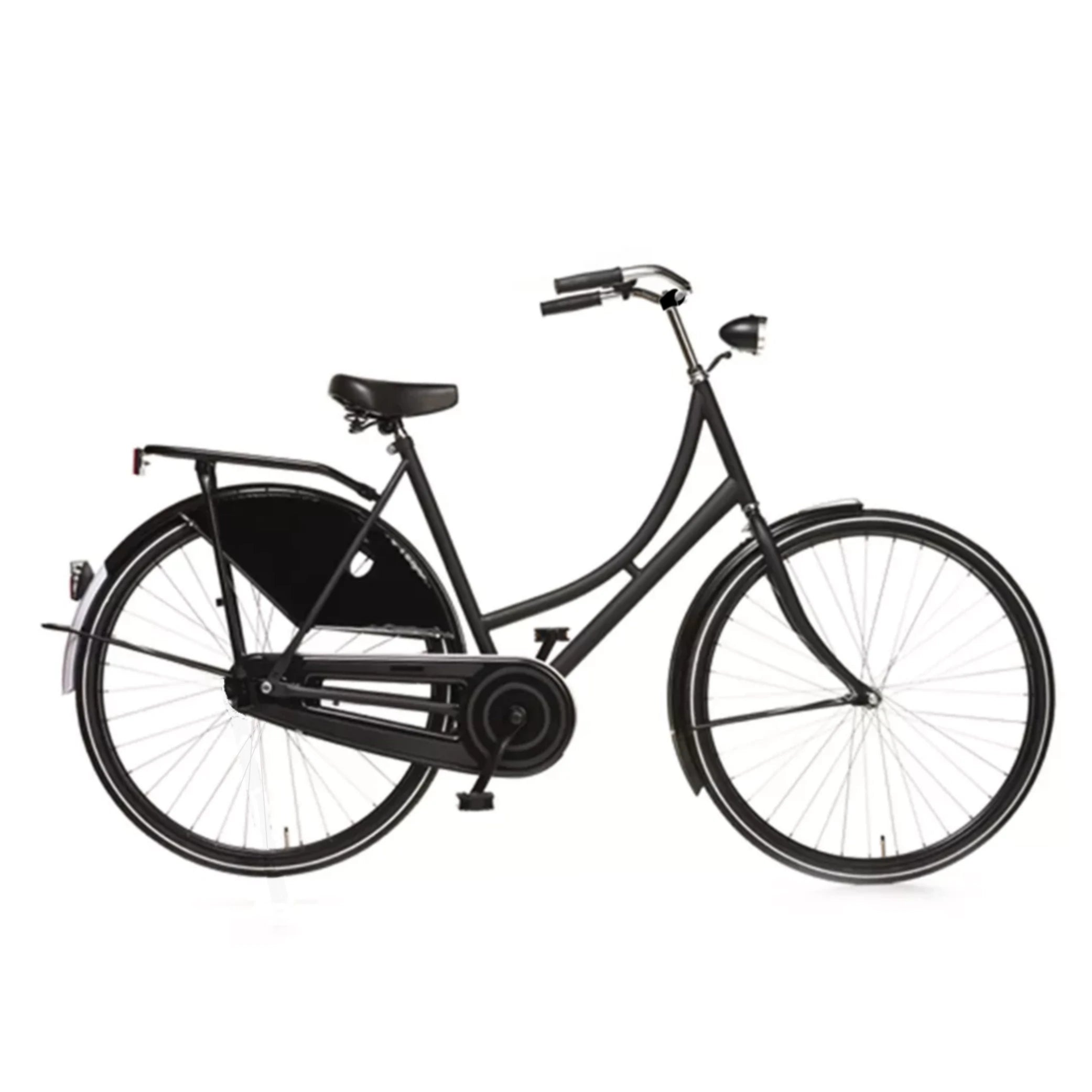 Avalon Oma Export D50cm. Kleur: mat zwart frame en voorvork. Uitvoering: remnaaf. Met oa: witte lijn banden, zwarte alu 635 velgen, linnen jasbeschermers, spaak 13 , Hesling kettingkast, Thun trapas, Humpert stuur , MADE IN HOLLAND. - AE-trading