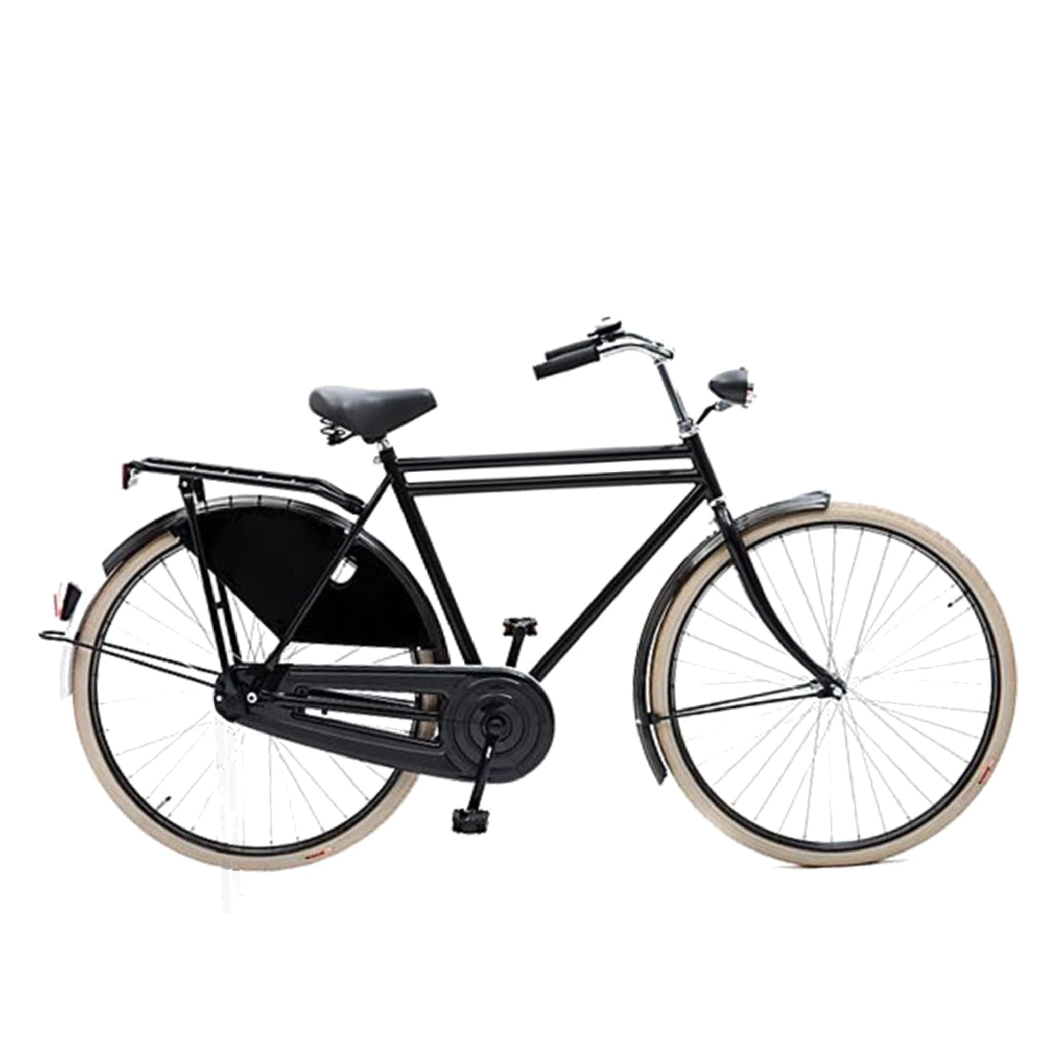 Avalon Opa Basic DB H61cm. Kleur: Zwart. Uitoering Remnaaf. Met oa: Creme reflectie banden, zwarte alu 635 velgen, linnen jasbeschermers, spaak 13 , Hesling kettingkast, Thun trapas, Ursus standaard Humpert stuur , Made in Holland - AE-trading