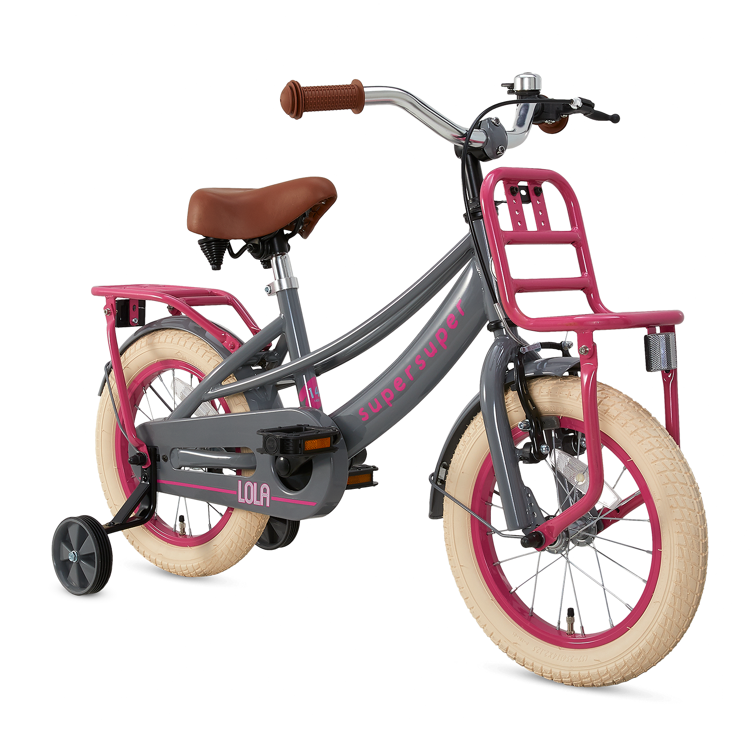 SuperSuper Lola 14 Kinderfiets Gray-Pink (Grijs-Roze) – Modieuze Kinderfiets met Stevige Remmen en Comfortabel Zadel - AE-trading