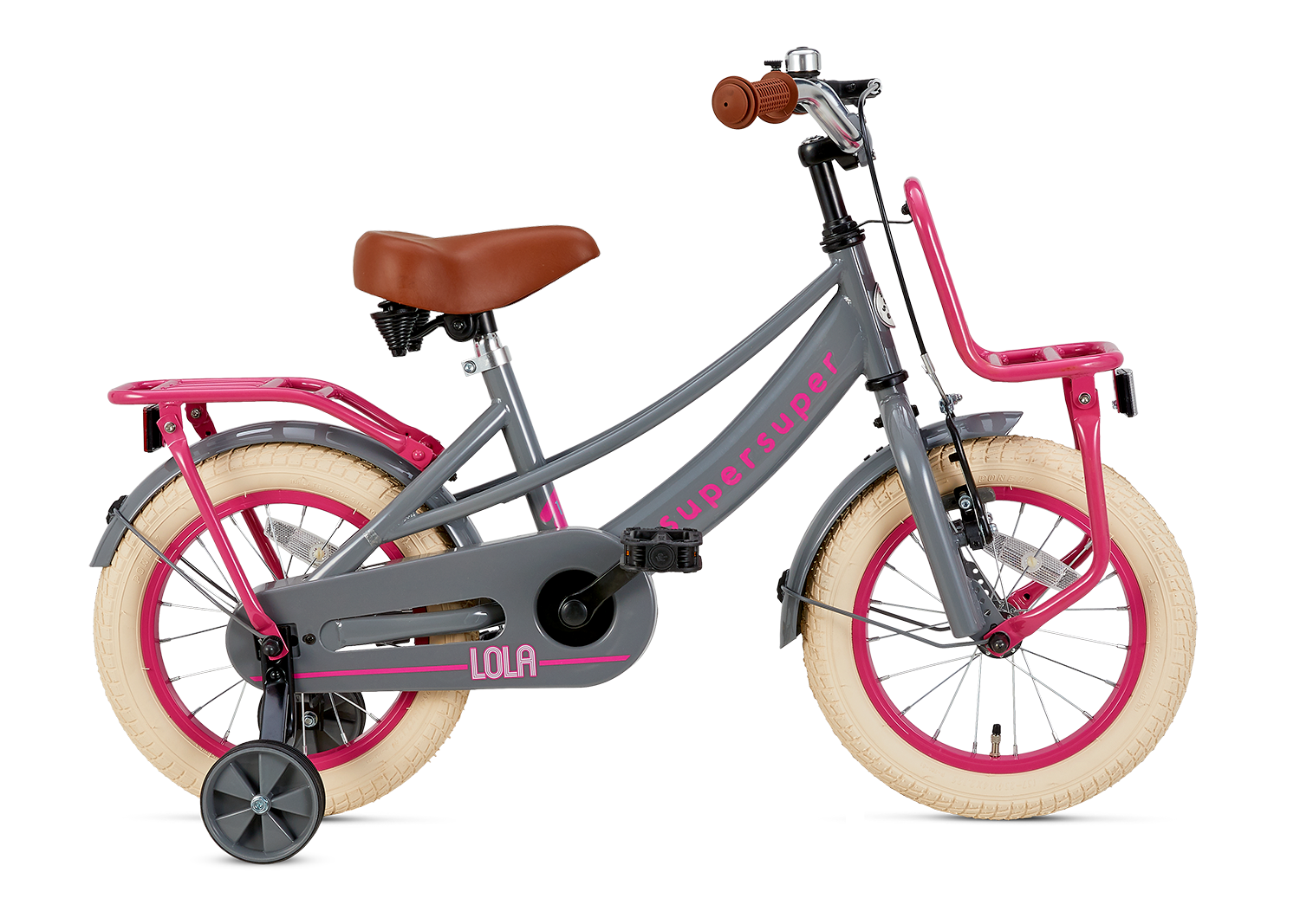 SuperSuper Lola 14 Kinderfiets Gray-Pink (Grijs-Roze) – Modieuze Kinderfiets met Stevige Remmen en Comfortabel Zadel - AE-trading