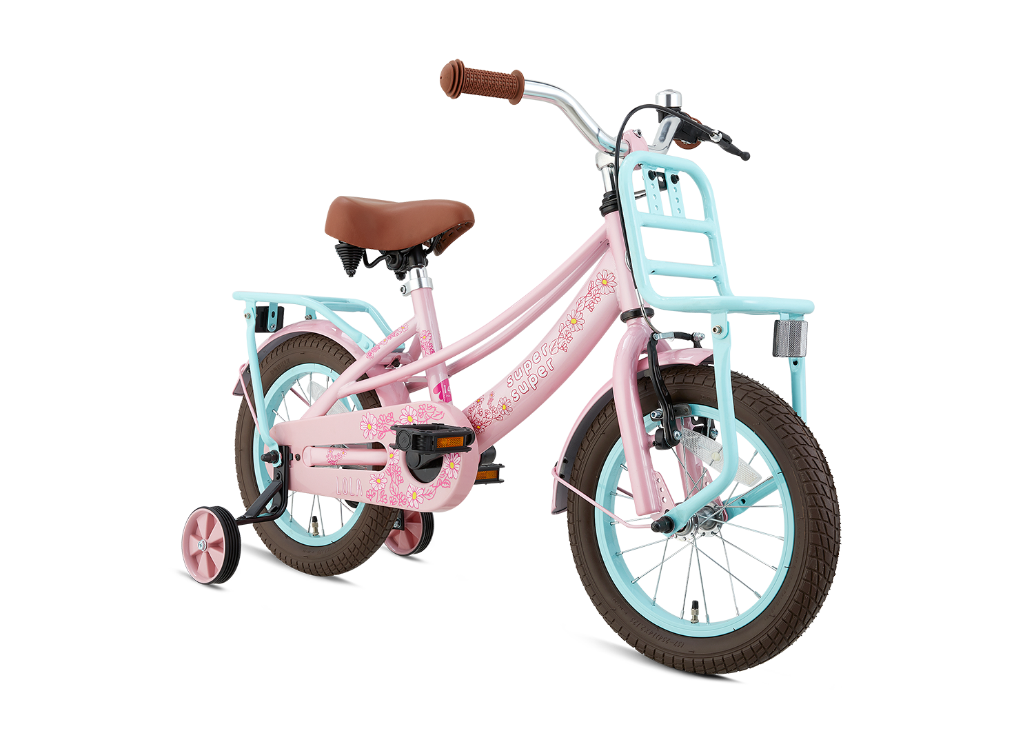 SuperSuper Lola 14 Kinderfiets Roze-Turquoise – Leuke Meisjesfiets met Ergonomisch Ontwerp en Veiligheidshandvatten - AE-trading