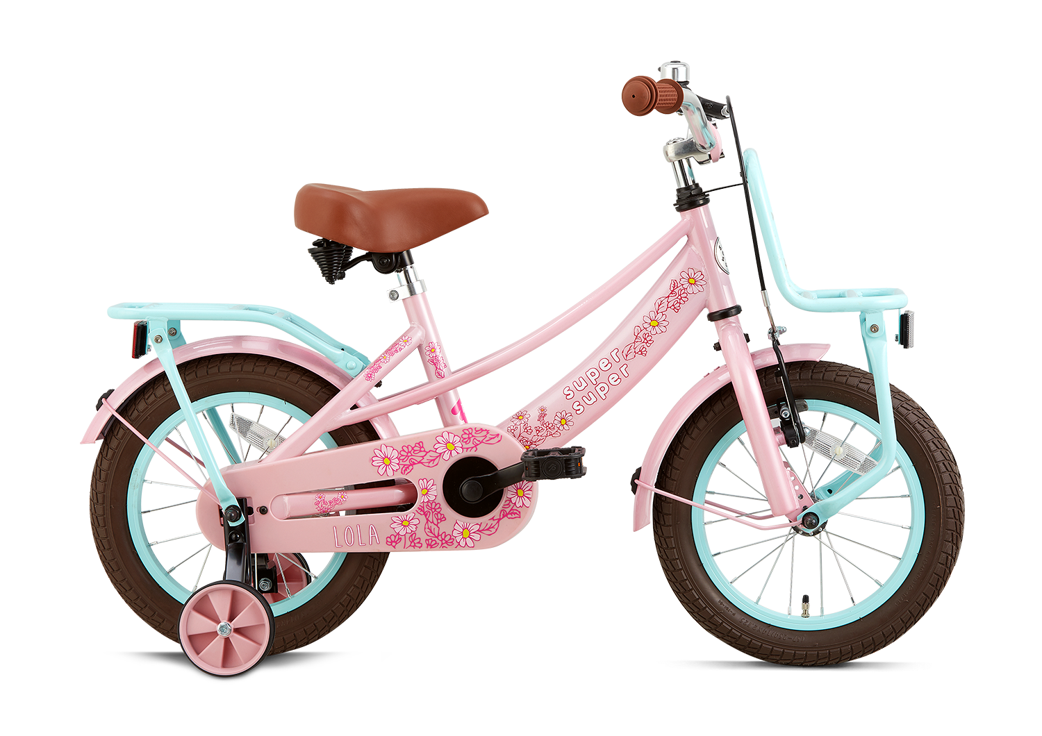 SuperSuper Lola 14 Kinderfiets Roze-Turquoise – Leuke Meisjesfiets met Ergonomisch Ontwerp en Veiligheidshandvatten - AE-trading