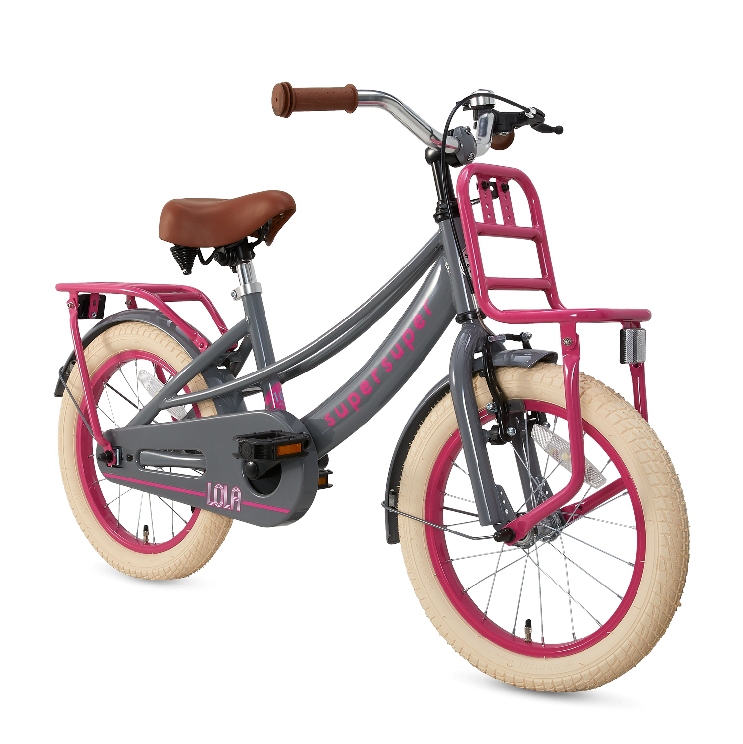 SuperSuper Lola 16 Kinderfiets Gray-Pink (Grijs-Roze) – Modieuze Kinderfiets met Lichtgewicht Frame en Betrouwbare Remmen - AE-trading
