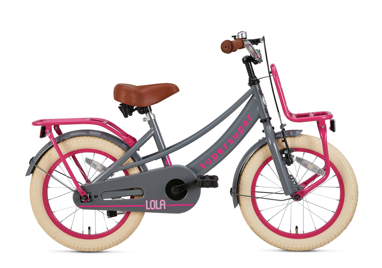 SuperSuper Lola 16 Kinderfiets Gray-Pink (Grijs-Roze) – Modieuze Kinderfiets met Lichtgewicht Frame en Betrouwbare Remmen - AE-trading