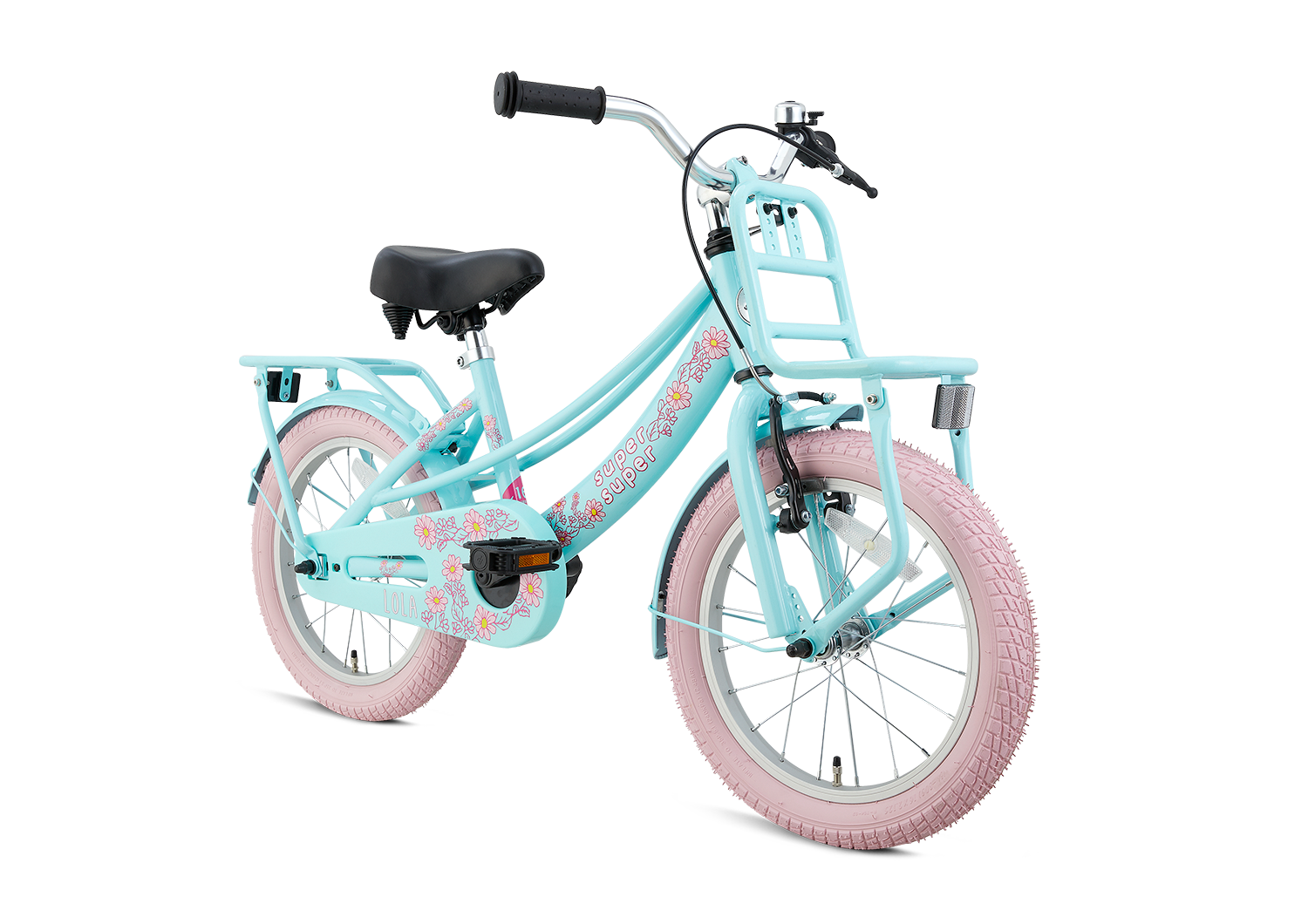 SuperSuper Lola 16 Kinderfiets Mint Roze – Comfortabele & Stijlvolle Kinderfiets met Veilig Aluminium Frame en Veiligheidshandvatten - AE-trading