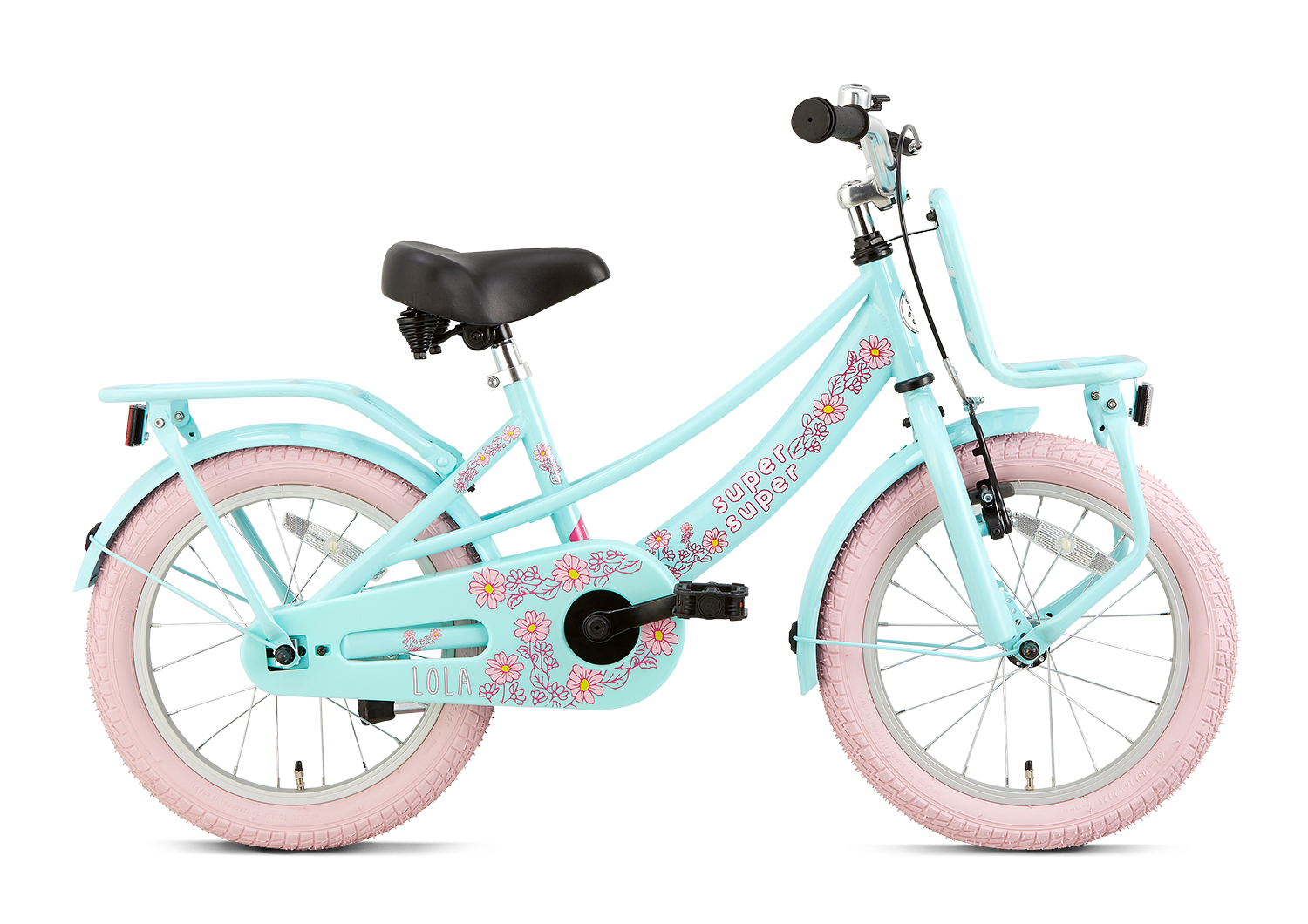 SuperSuper Lola 16 Kinderfiets Mint Roze – Comfortabele & Stijlvolle Kinderfiets met Veilig Aluminium Frame en Veiligheidshandvatten - AE-trading
