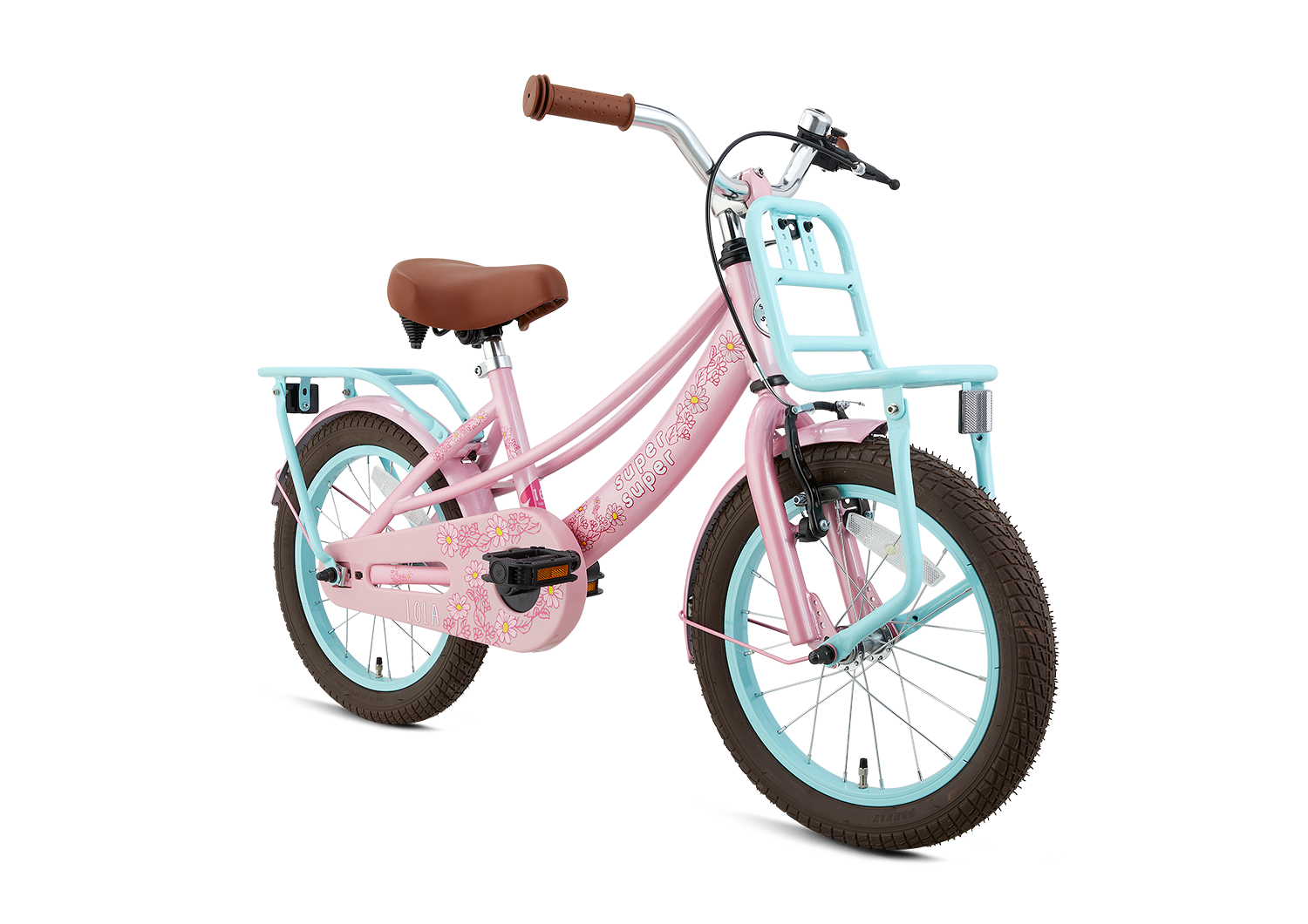 SuperSuper Lola 16 Kinderfiets Roze-Turquoise – Vrolijke & Lichtgewicht Meisjesfiets met Stevige Remmen en Comfortabel Zadel - AE-trading