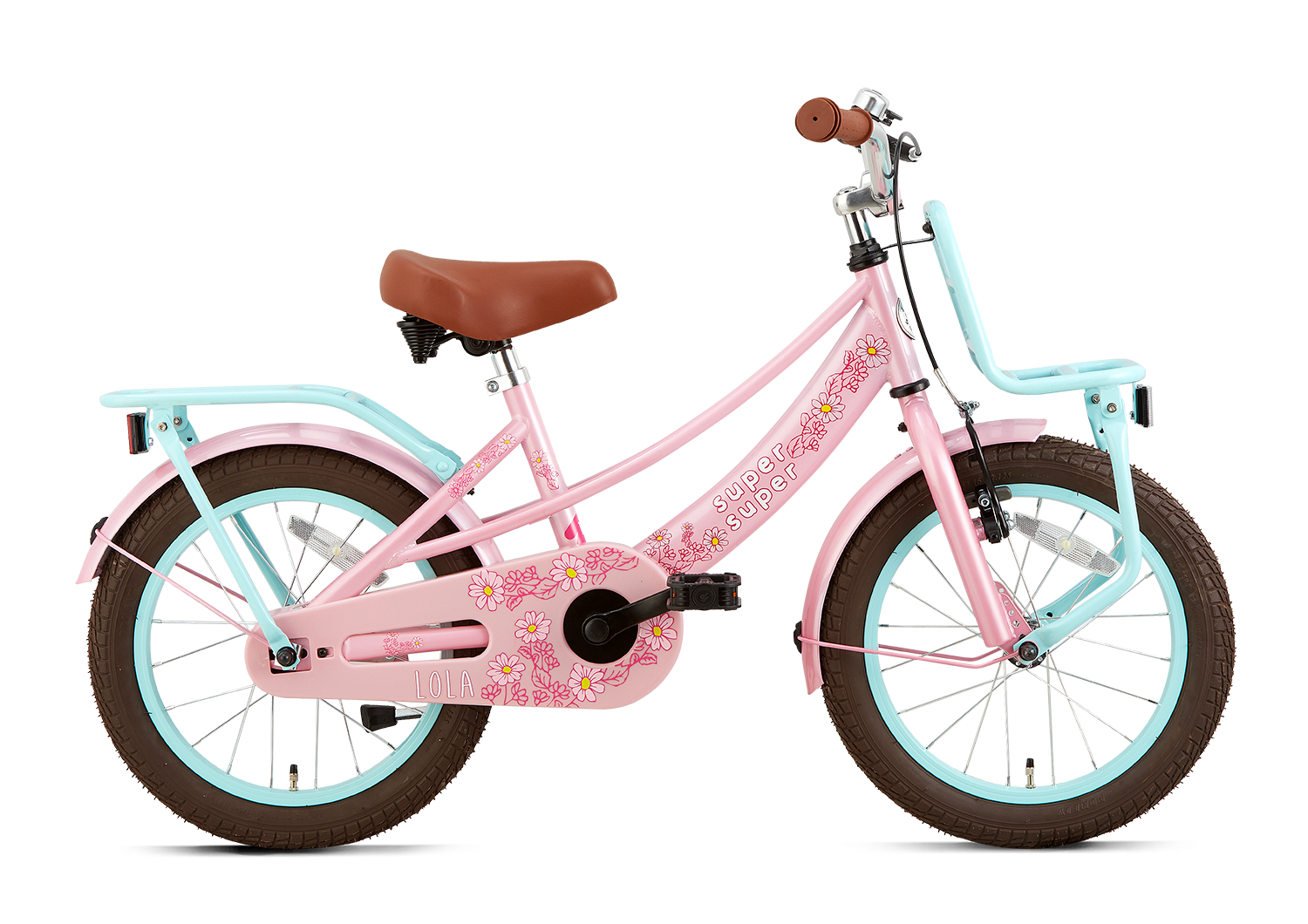 SuperSuper Lola 16 Kinderfiets Roze-Turquoise – Vrolijke & Lichtgewicht Meisjesfiets met Stevige Remmen en Comfortabel Zadel - AE-trading