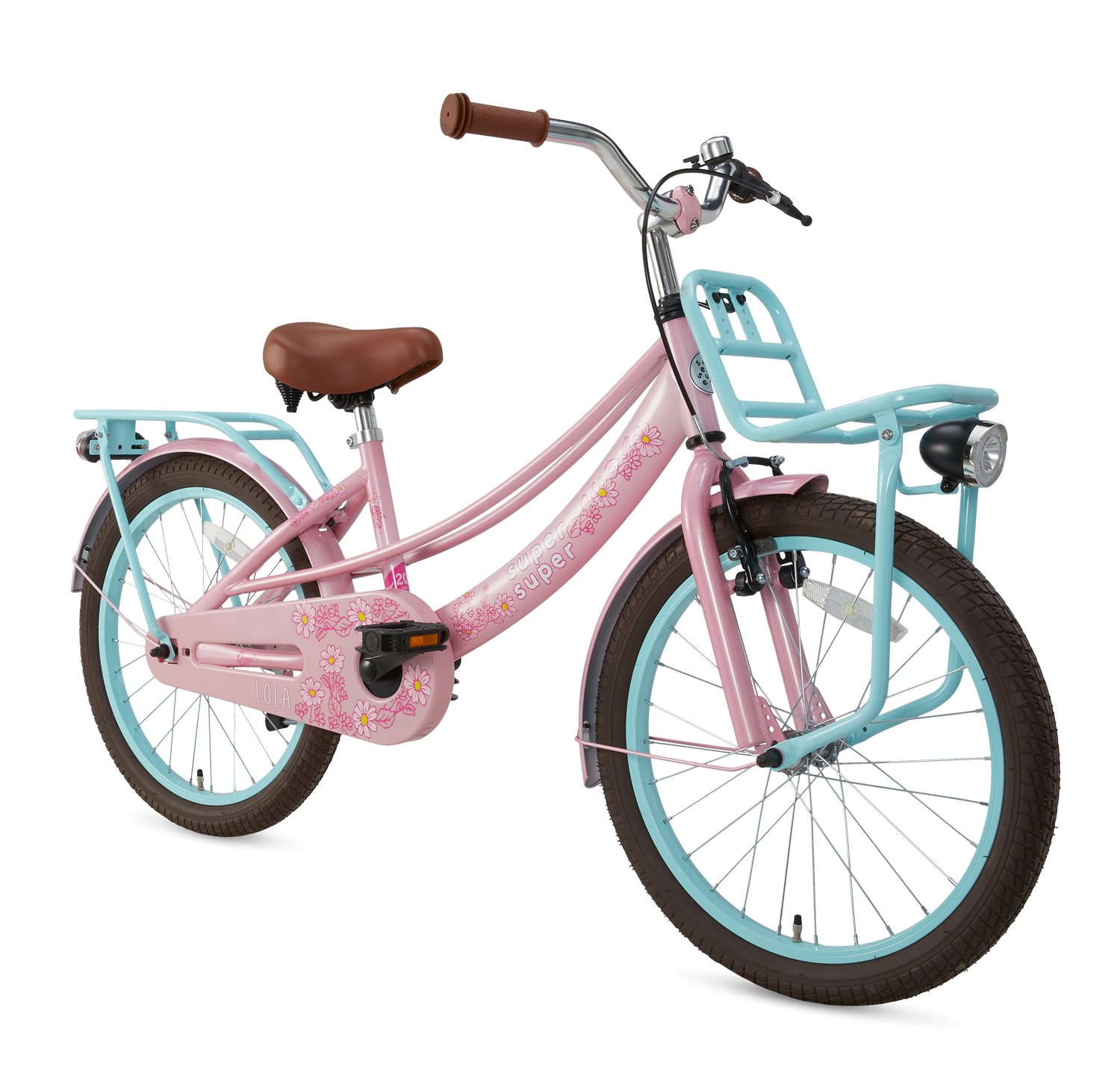 SuperSuper Lola 20 Kinderfiets Roze-Turquoise – Vrolijke Meisjesfiets met Comfortabel Zadel en Stevige Remmen voor Veilige Rit - AE-trading
