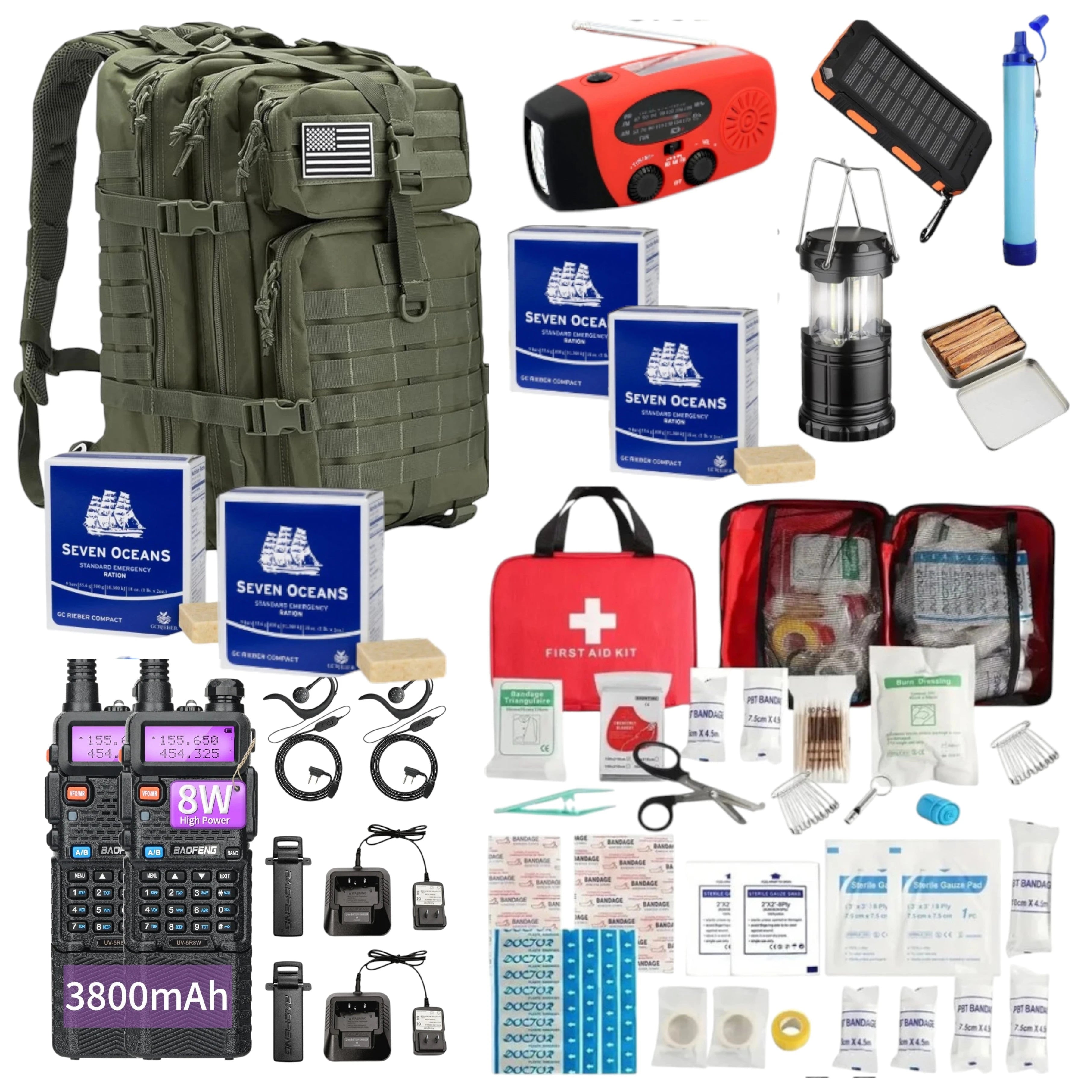 Noodrugzak Compleet Noodpakket Communication Edition Rampsituatie - Groen - Noodrantsoen - Waterfilter - Noodradio - EHBO Kit - Black Out Solar - Solar Powerbank - Walkie Talkie Set - Eco Firelighters - AE-trading