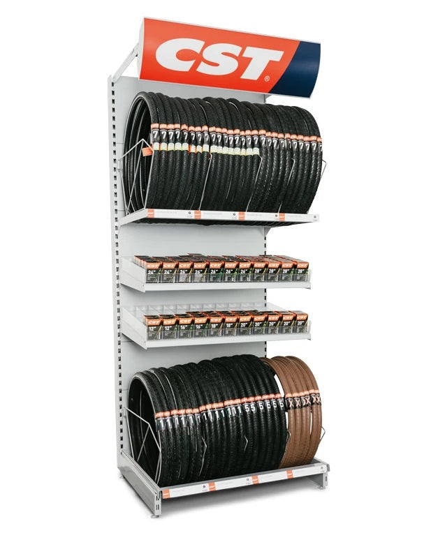 CST bandenschap Optie 2 met ruimte voor ongeveer 75 buiten- en 240 binnenbanden. Hoogte: 250cm, breedte: 100cm, diepte: 77 cm. Incl 1 rol buitenbanden naar keuze, Vraag onze vertegenwoordigers voor meer informatie of plaatsing - AE-trading