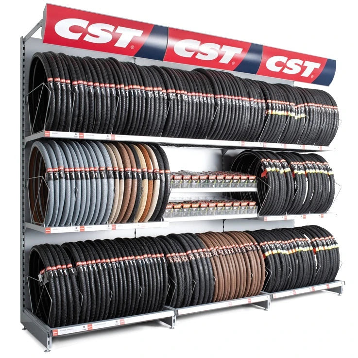 CST bandenschap Optie 4 met ruimte voor ongeveer 200 buiten- en 240 binnenbanden. Hoogte: 250cm, breedte: 300cm, diepte: 77 cm. Incl 3 rollen buitenbanden naar keuze, Vraag onze vertegenwoordigers voor meer informatie of plaatsing - AE-trading
