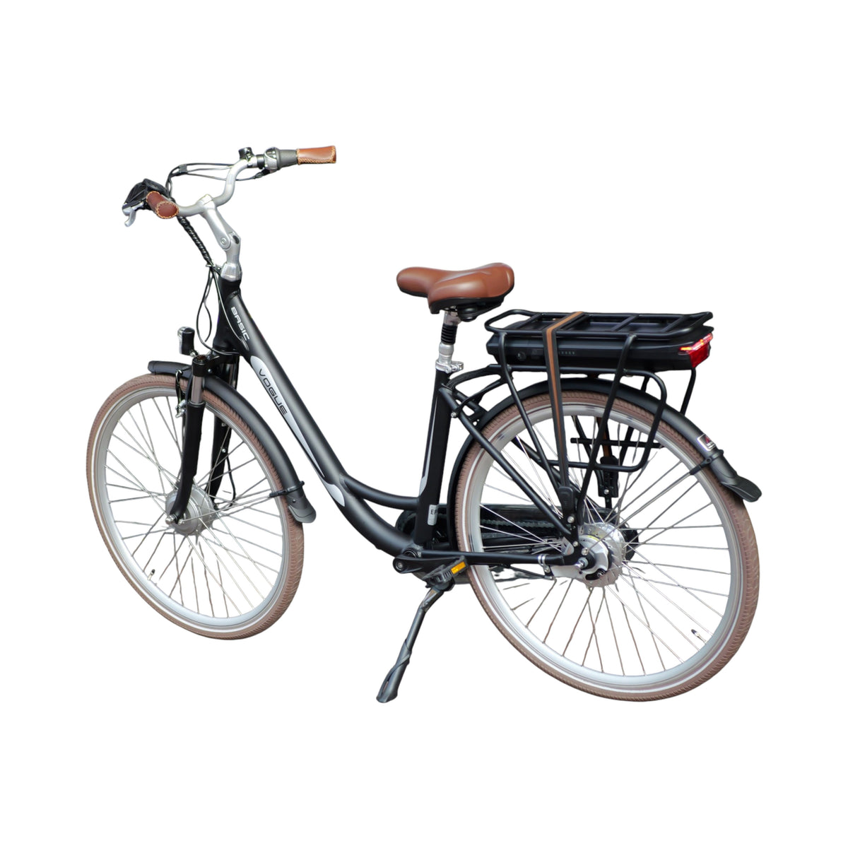 Vogue Basic N3 Elektrische Fiets - Mat Zwart met Bruine Accenten - 47 cm