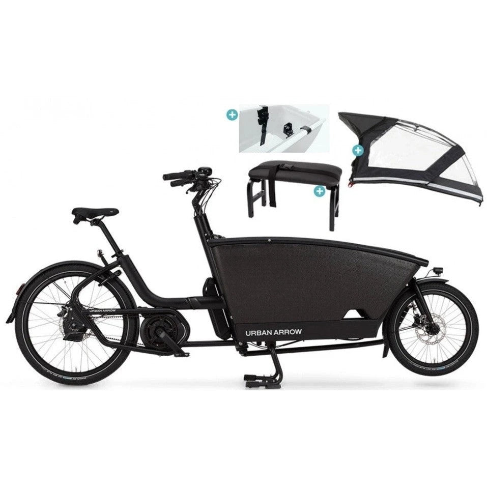 Urban Arrow Family Cargo Line 85Nm – Zwart – Elektrische Bakfiets – Enviolo Automatiq – 500Wh – Incl. Regenhuif & Extra Zitbankje - AE-trading