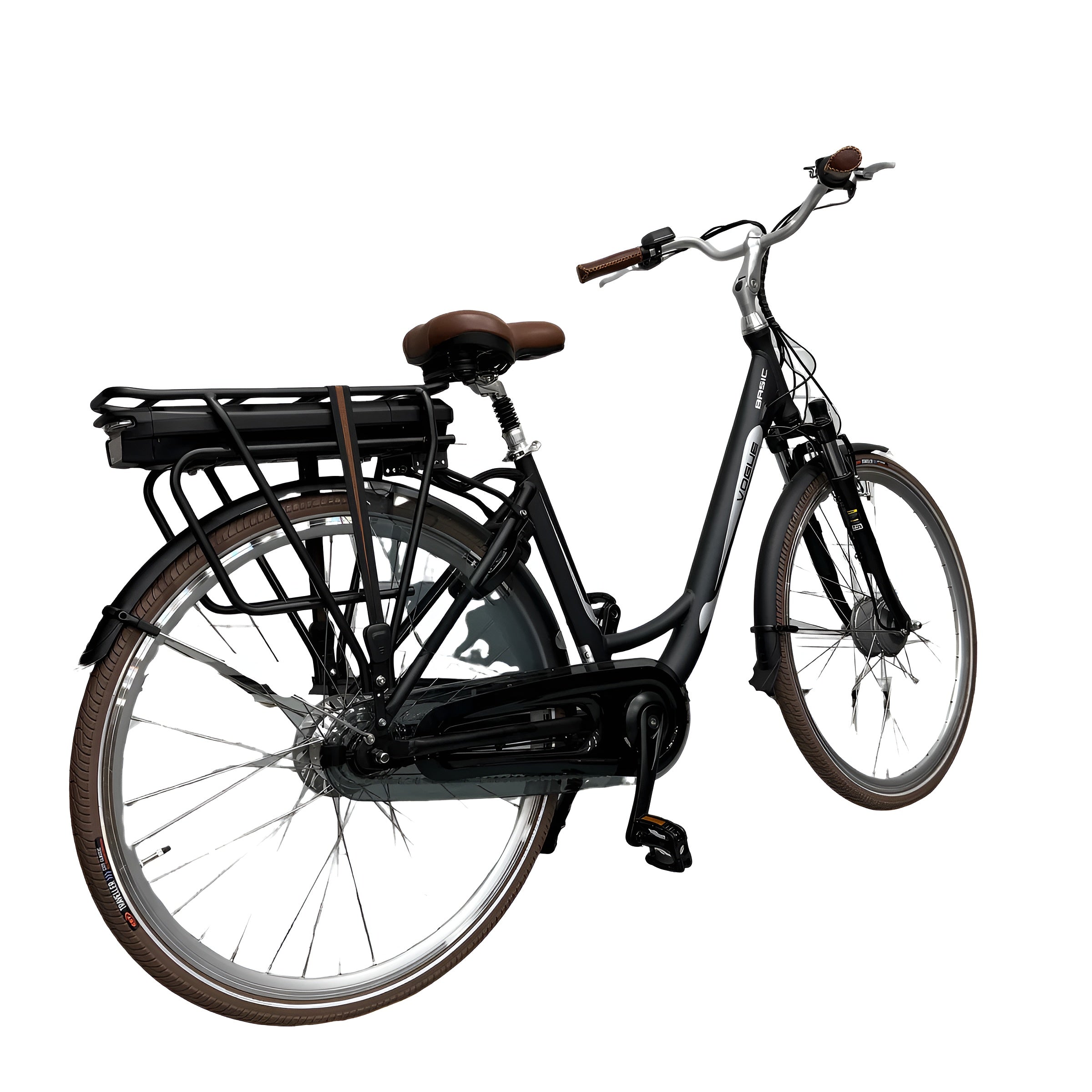 Vogue Basic N7 Elektrische Fiets Mat Zwart met Bruine Accenten 47cm – Elektrische Damesfiets met 468Wh Accu - AE-trading