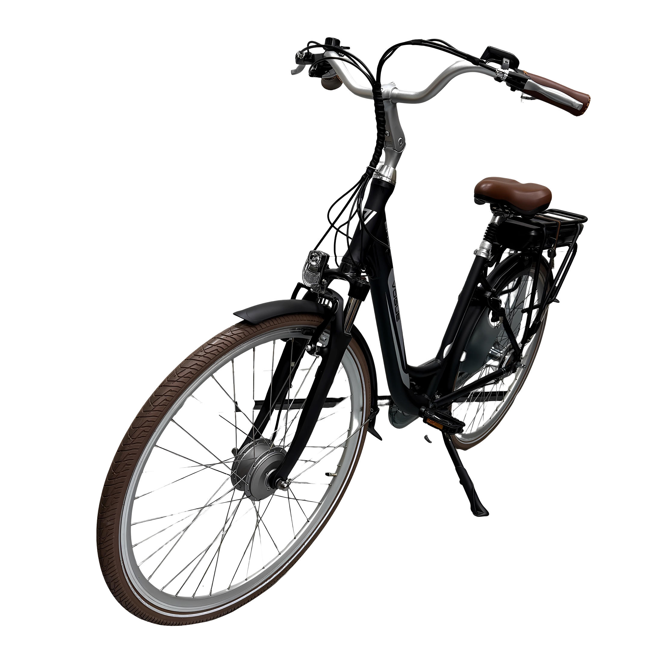 Vogue Basic N7 Elektrische Fiets Mat Zwart met Bruine Accenten 49cm – Elektrische Damesfiets met 468Wh Accu - AE-trading