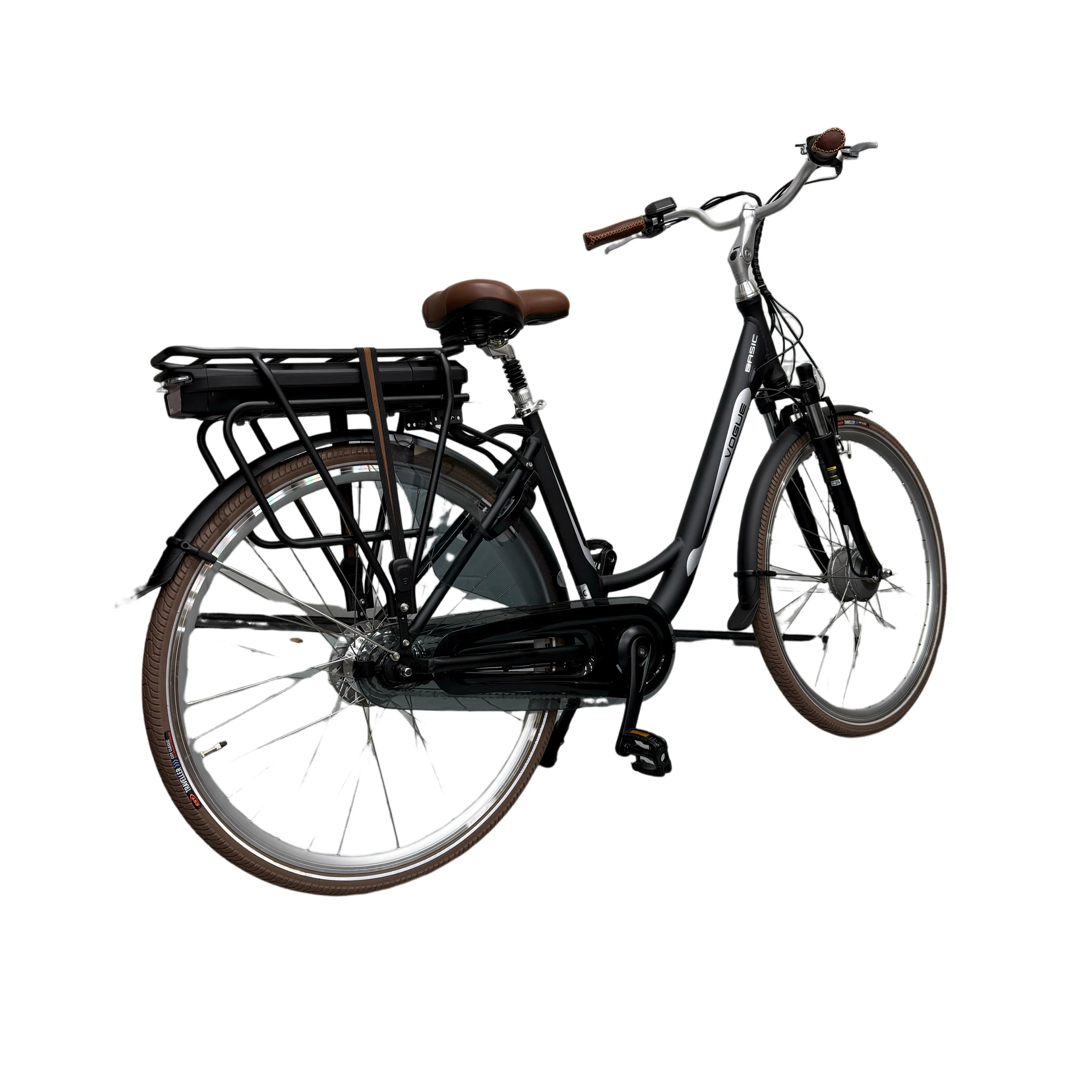Vogue Basic N7 Elektrische Fiets Mat Zwart met Bruine Accenten 49cm – Elektrische Damesfiets met 468Wh Accu - AE-trading