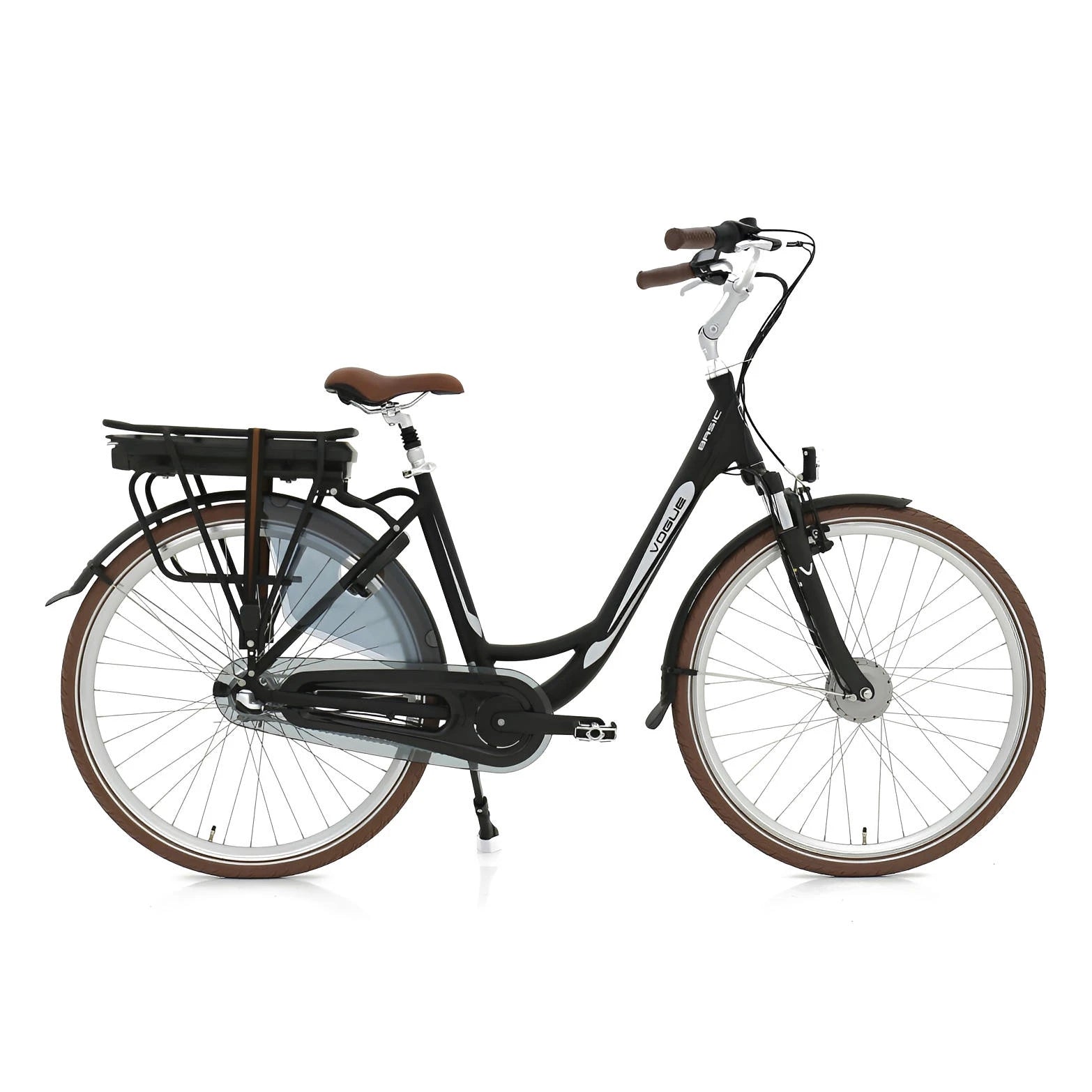 Vogue Basic N7 Elektrische Fiets Mat Zwart met Bruine Accenten 47cm – Elektrische Damesfiets met 468Wh Accu - AE-trading