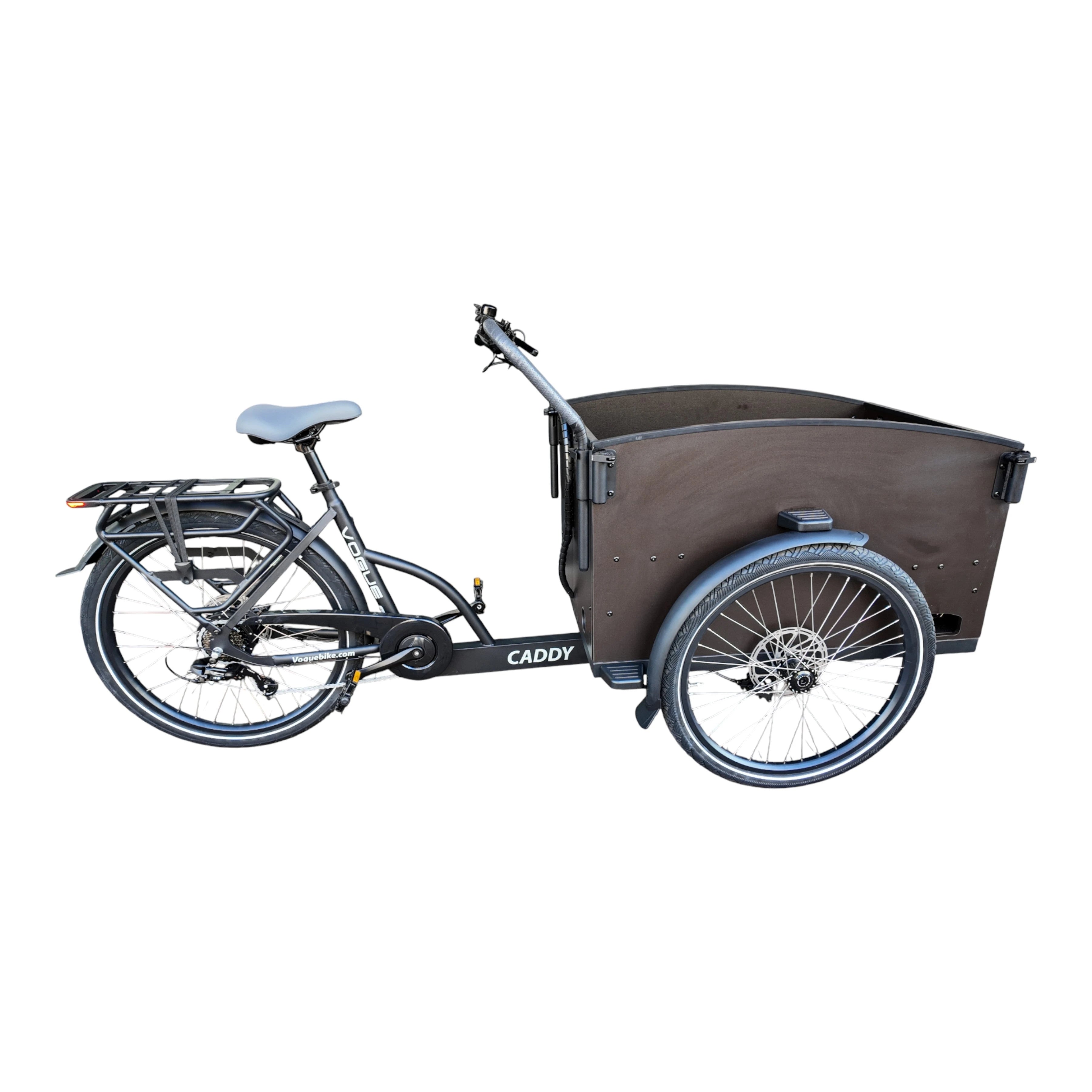 Vogue Caddy - Elektrische Bakfiets - Mat Zwart - Bruine Accenten - Accu 468Wh (36V, 13Ah) - Bafang Achterwielmotor - Shimano 7 Versnellingen - Hydraulische Remmen - AE-trading