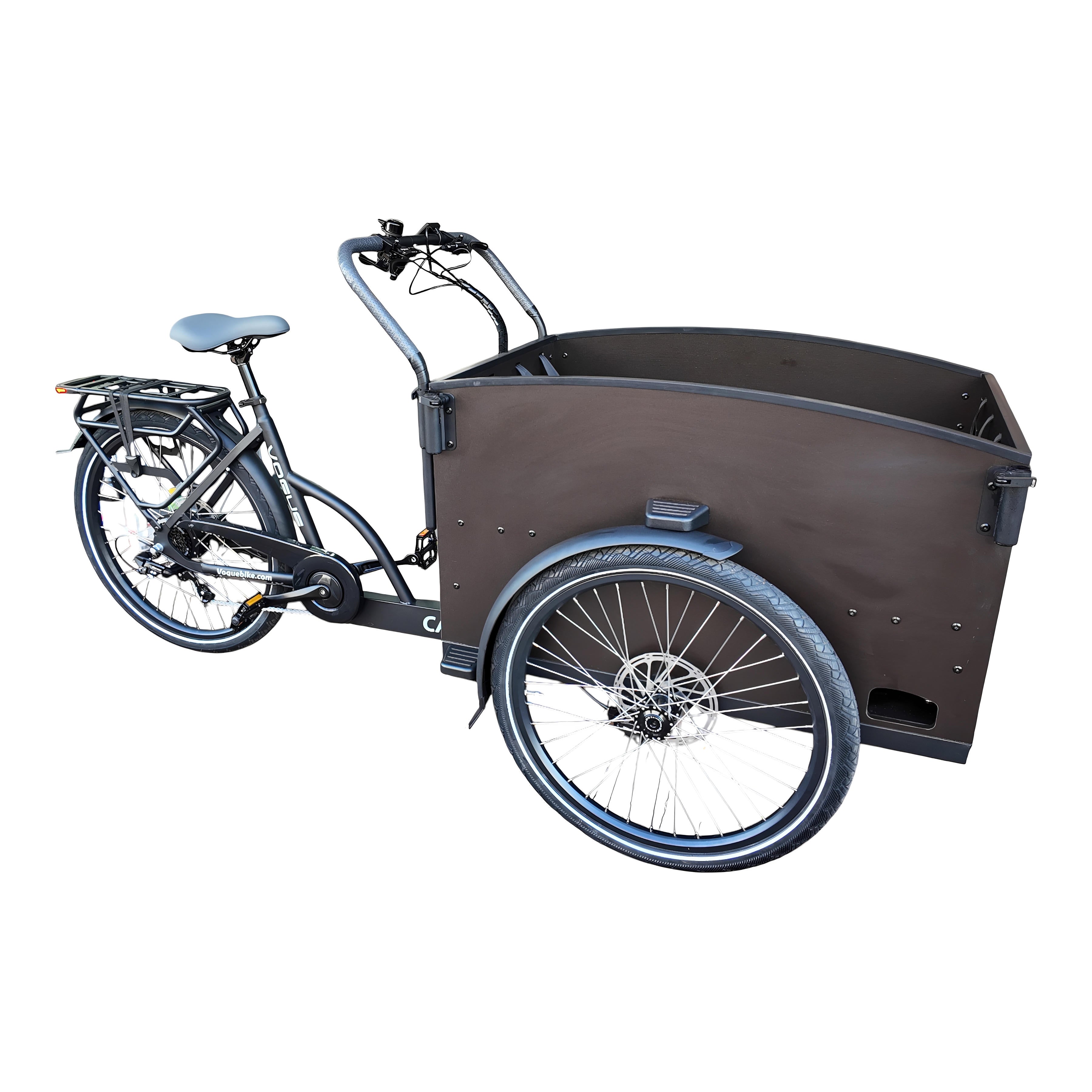 Vogue Caddy - Elektrische Bakfiets - Mat Zwart - Grijze Accenten - Accu 468Wh (36V, 13Ah) - Bafang Achterwielmotor - Shimano 7 Versnellingen - Hydraulische Remmen - AE-trading