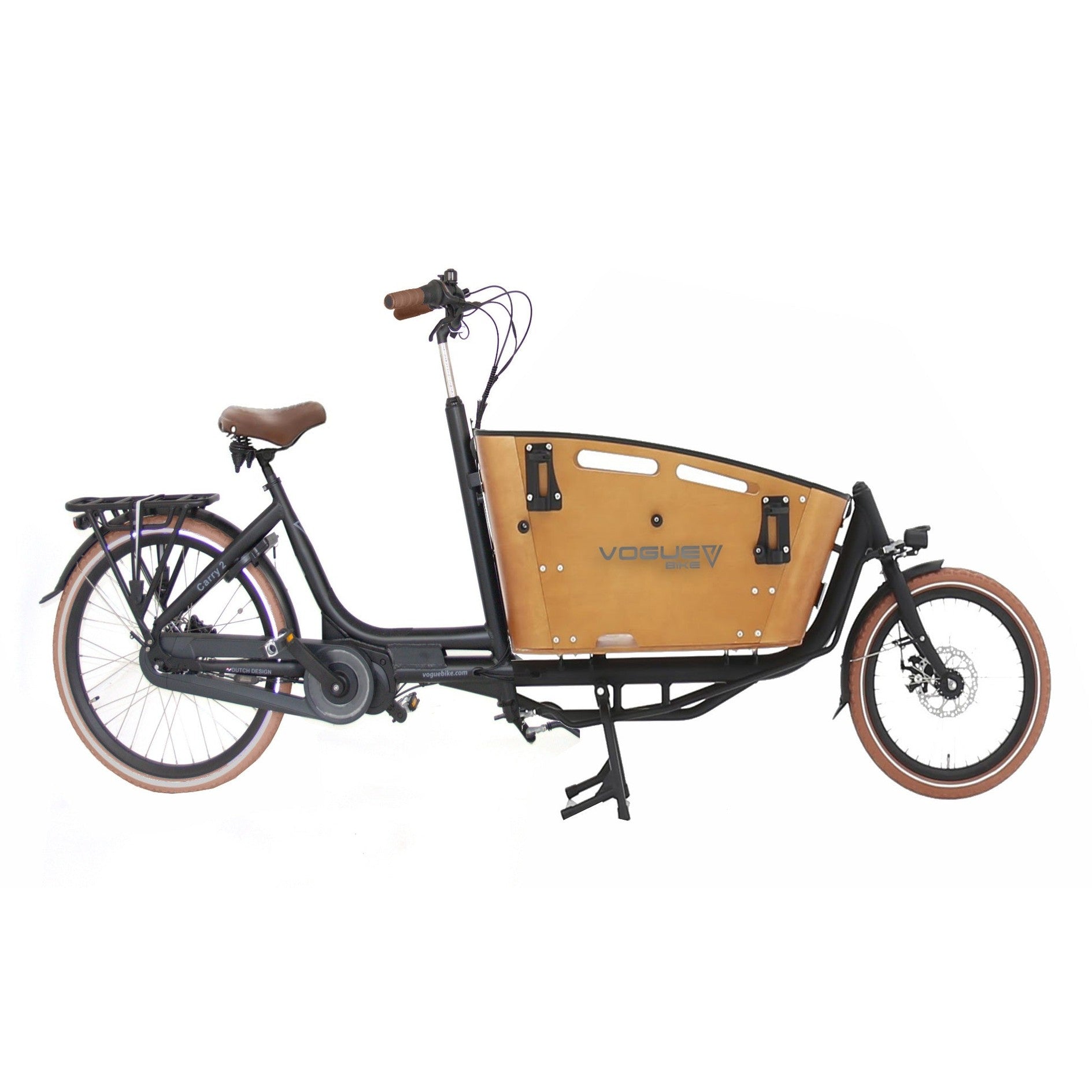 Vogue Carry 2 – Mat Zwart/Bruin – Elektrische Bakfiets – 80Nm middenmotor – 15Ah accu – 8 versnellingen – Hydraulische schijfremmen - AE-trading