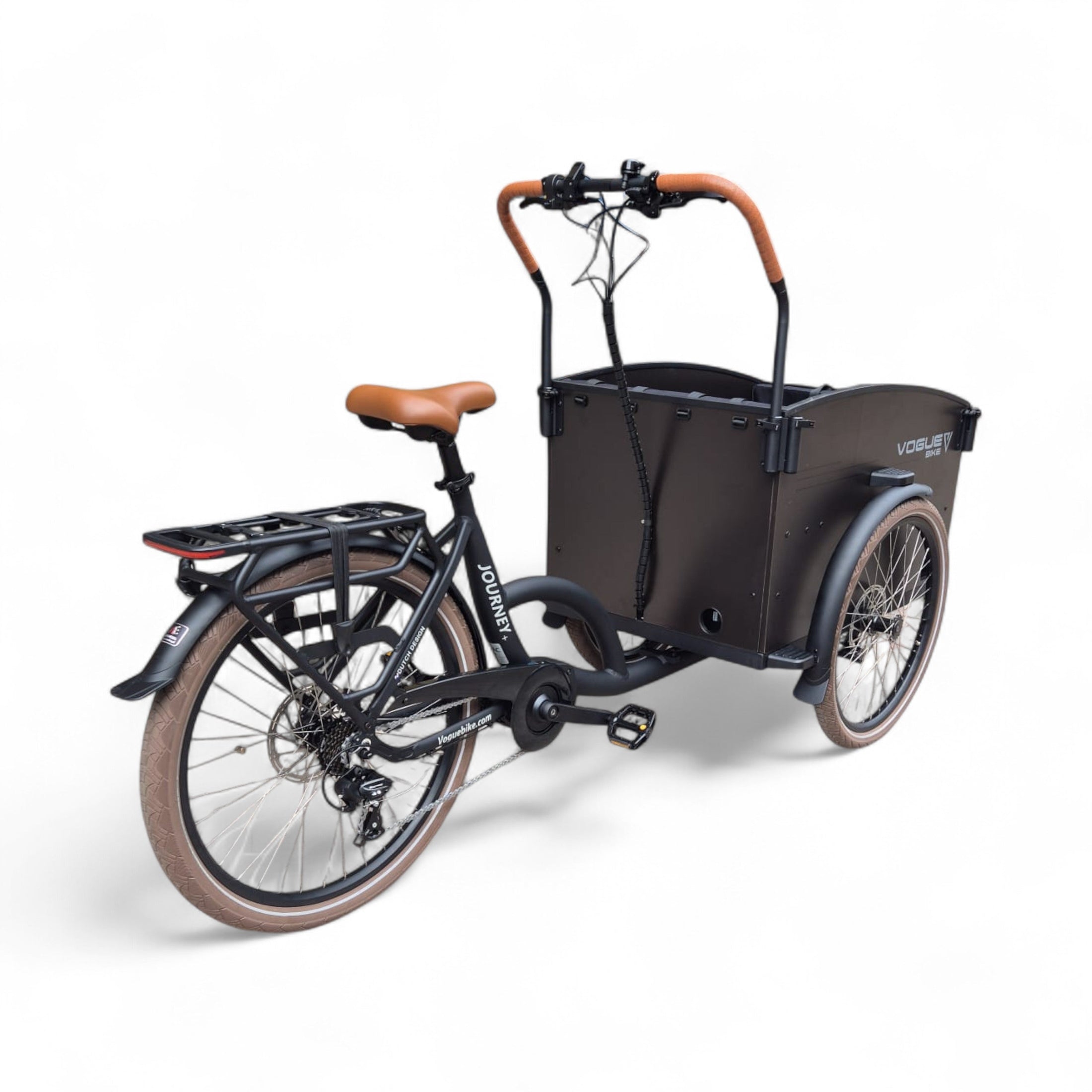 Vogue Journey Plus - Elektrische Bakfiets - Mat Zwart Bruine Accenten - 48 cm - Accu 522Wh (36V, 14.5Ah) - Ananda Middenmotor - Shimano 7 Versnellingen - Hydraulische Remmen - AE-trading