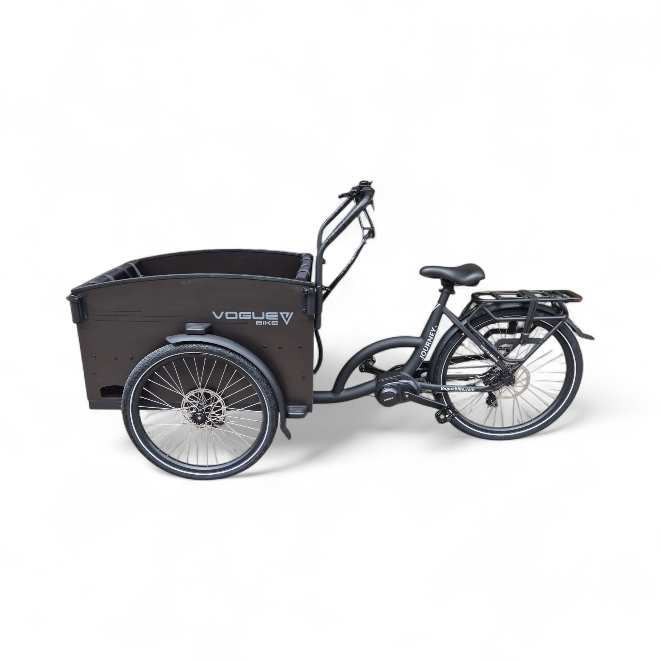 Vogue Journey Plus - Elektrische Bakfiets - Mat Zwart Zwarte Accenten - 48 cm - Accu 522Wh (36V, 14.5Ah) - Ananda Middenmotor - Shimano 7 Versnellingen - Hydraulische Remmen - AE-trading