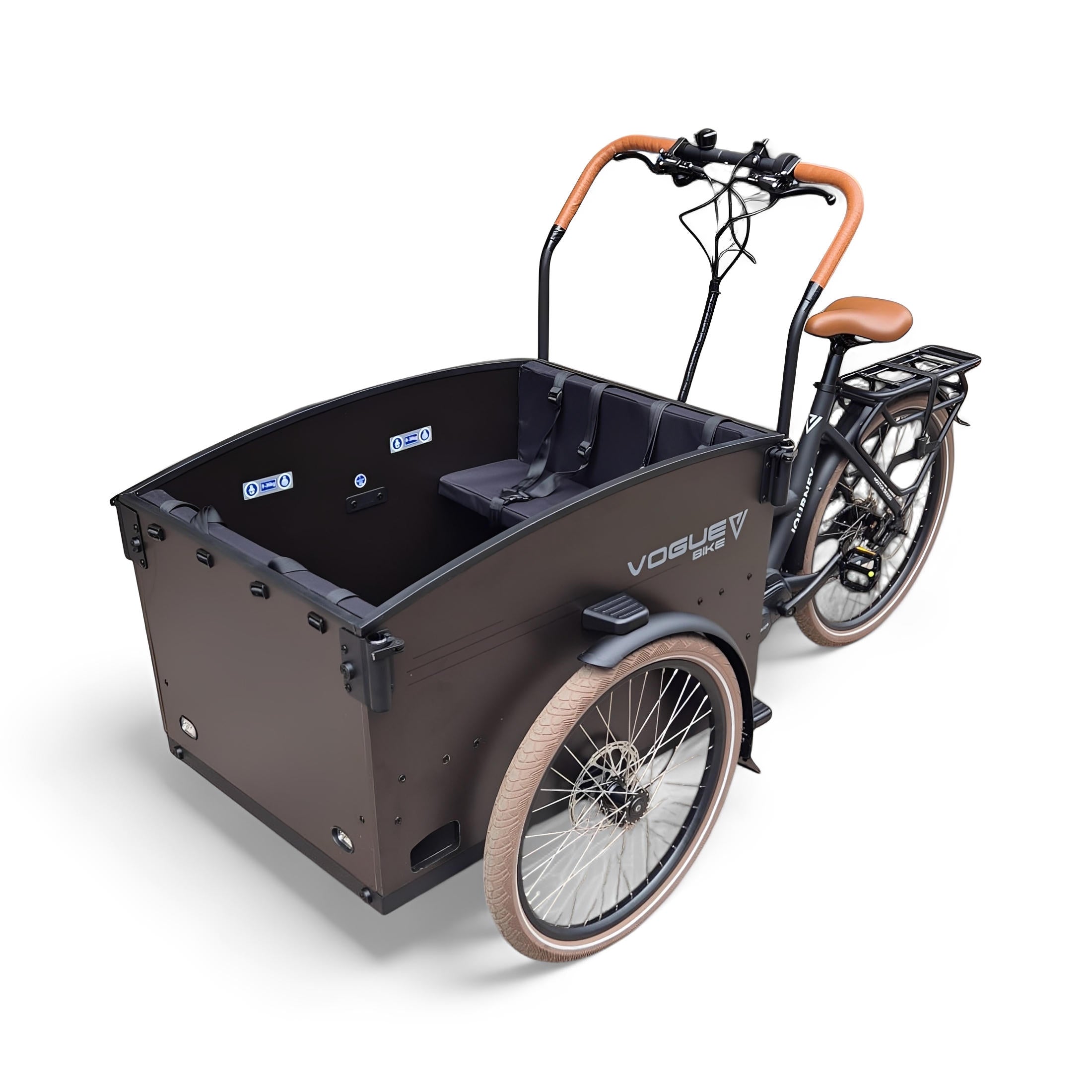 Vogue Journey Plus - Elektrische Bakfiets - Mat Zwart Bruine Accenten - 48 cm - Accu 522Wh (36V, 14.5Ah) - Ananda Middenmotor - Shimano 7 Versnellingen - Hydraulische Remmen - AE-trading
