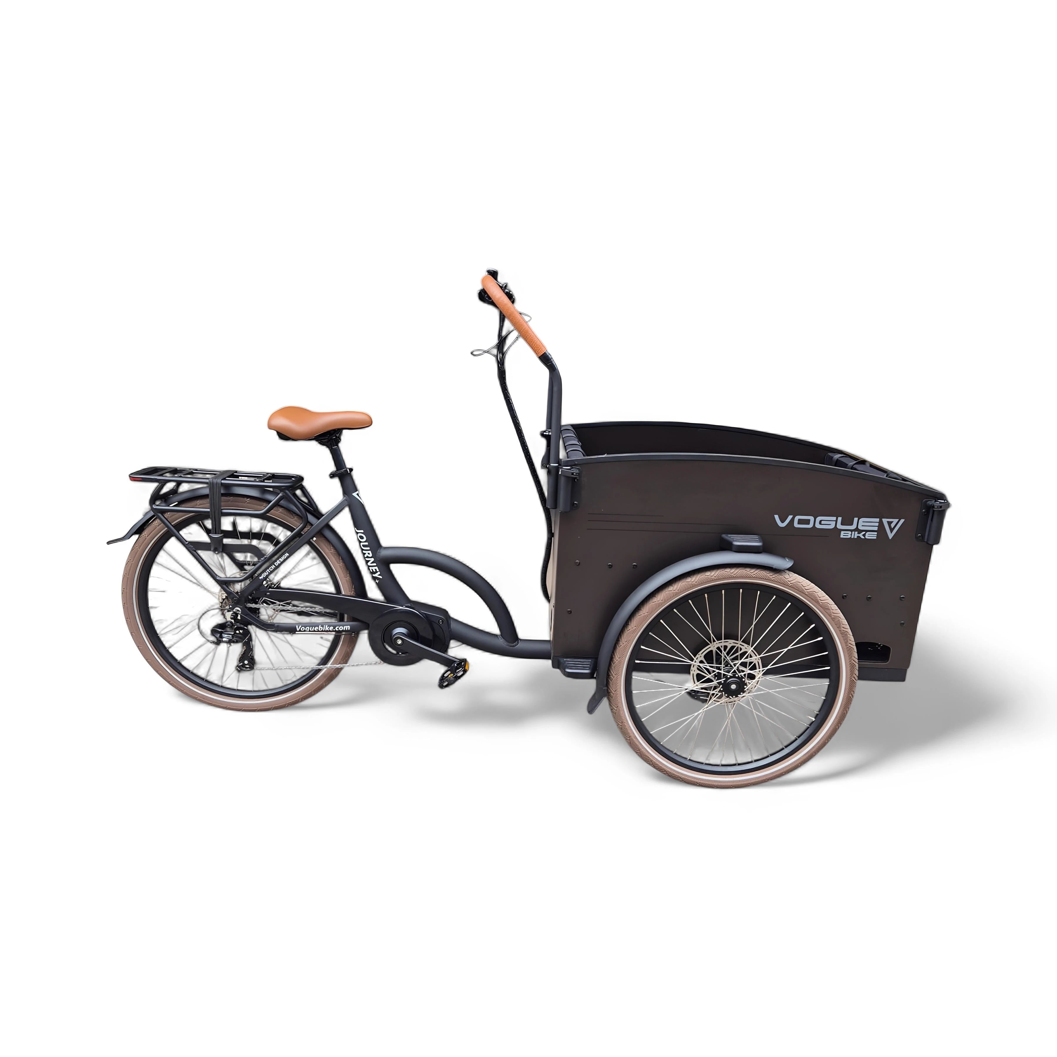 Vogue Journey Plus - Elektrische Bakfiets - Mat Zwart Bruine Accenten - 48 cm - Accu 522Wh (36V, 14.5Ah) - Ananda Middenmotor - Shimano 7 Versnellingen - Hydraulische Remmen - AE-trading