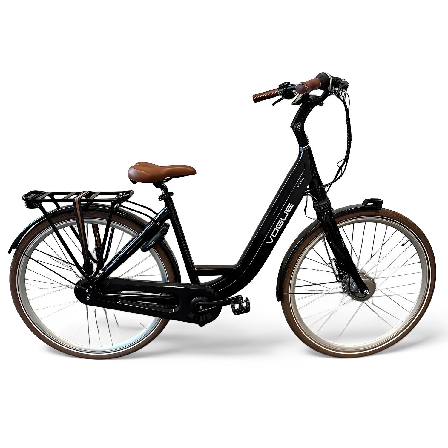 Vogue Mestengo Voorwielmotor Elektrische Fiets Glans Zwart met Bruine Accenten - 51cm - AE-trading