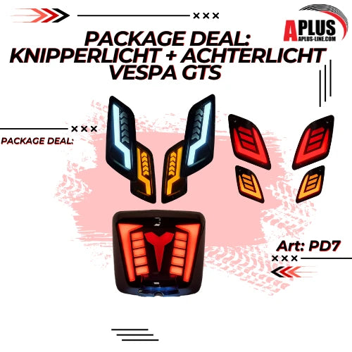 Package Deal 1 X Knipperlichtset Moving Dagrij Voorzijde Passend Op Vespa Gts + 1 X Knipperlichtset Moving Dagrij Achterzijde Passend Op Vespa Gts + 1 X Achterlicht Alpha Styling Led/Tube Passend Op Vespa Gts (5968+5969+6403) - AE-trading