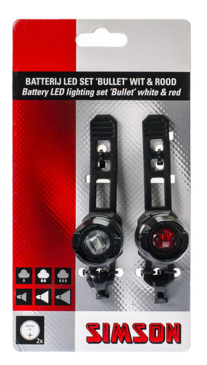 Simson LED Batterij Verlichtingsset "Bullet" met 1 LED, 2.5 LUX Voorlicht en 1.5 LUX Achterlicht AE-trading