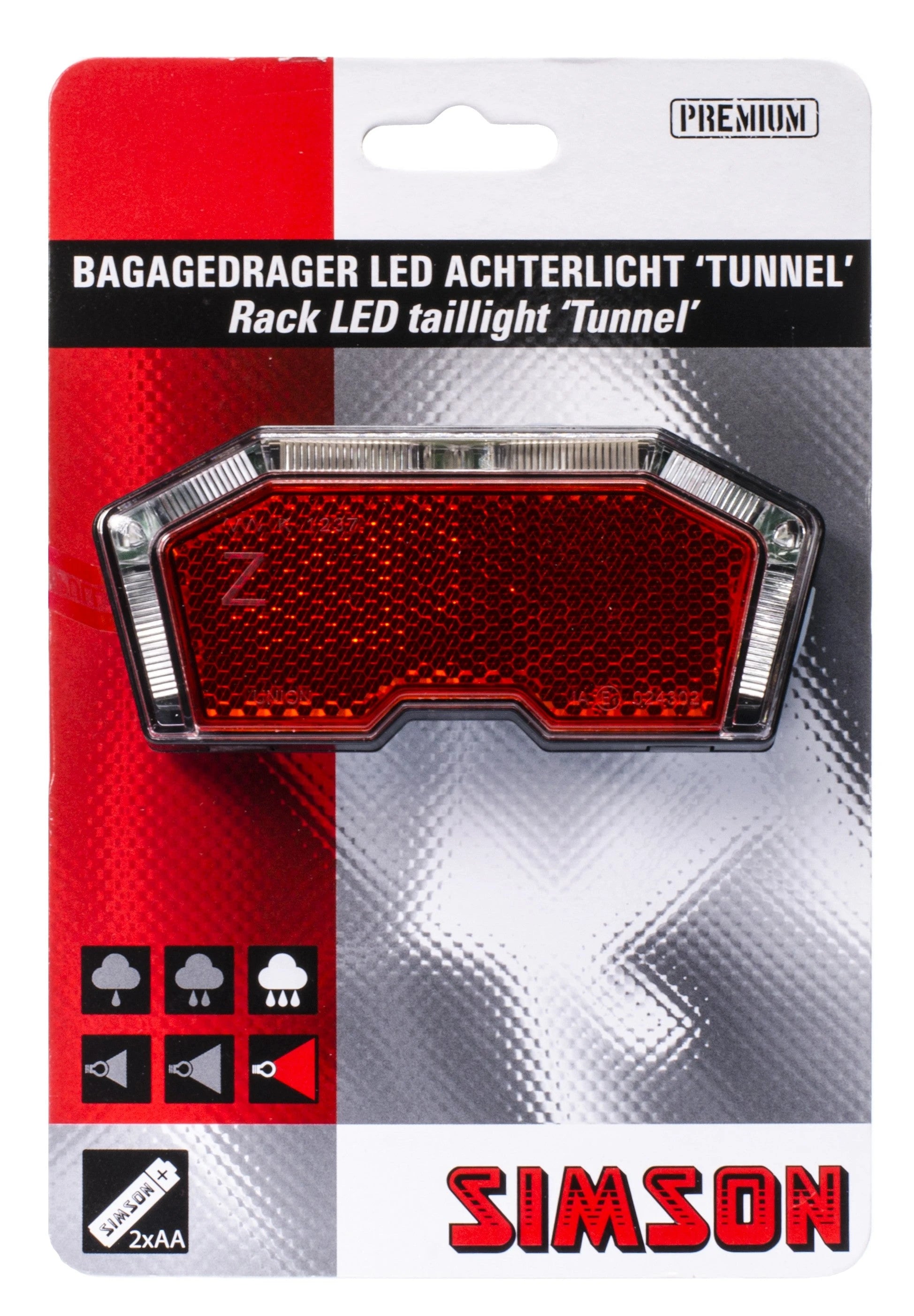 Simson Premium Bagagedrager Achterlicht ''Tunnel'' met 3 LED's en Auto/Aan/Uit Functie AE-trading