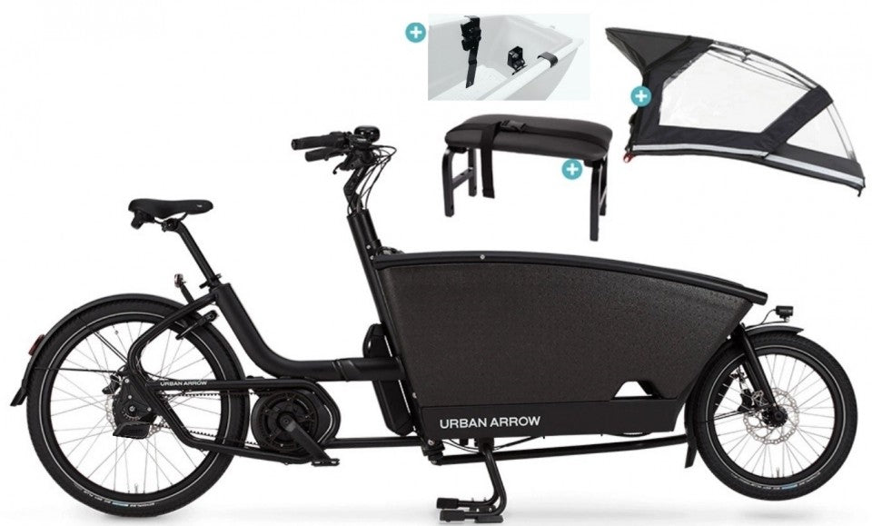 Urban Arrow Family Cargo Line 85Nm – Zwart – Elektrische Bakfiets – Enviolo Automatiq – 500Wh – Incl. Regenhuif & Extra Zitbankje - AE-trading