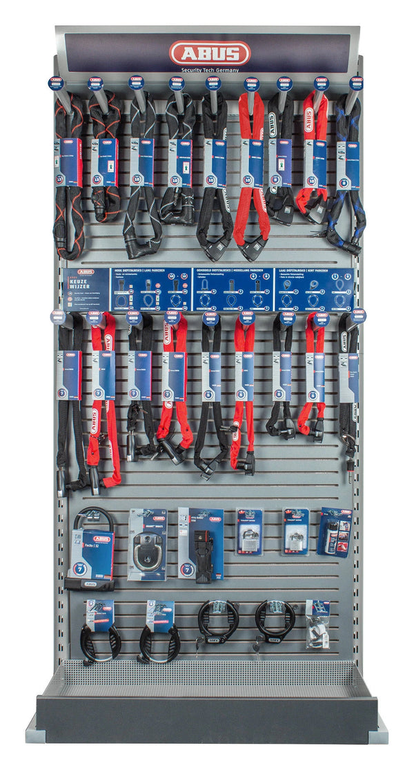 ABUS schap met sloten. Breedte 100cm, prijs op basis van 1 artikel per haak. Foto is een voorbeeld. Stel uw assortiment samen in overleg met onze vertegenwoordigers. - AE-trading