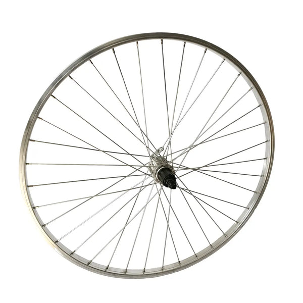 Achterwiel 28x1 5/8x1 3/8 aluminium velg zilver. uitval cassette naaf, 8/9/10 speed, spaak 14 - AE-trading