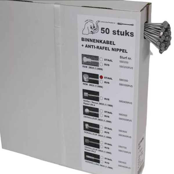 Slurf binnenkabel RVS, ton, 50 stuks in doos, 2m25 incl anti rafelnippels (rem). - AE-trading