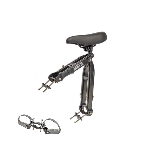 Mirage Kinderzadel 'Jantje' met bevestiging op framebuis, incl opklapbare voetsteunen. Universeel, past op vrijwel iedere dames fiets. Verstelbaar in hoogte, hoek en lengte. - AE-trading