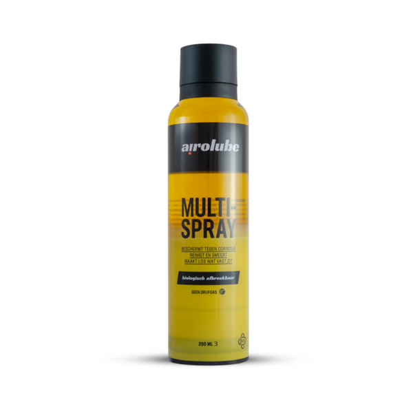 Airolube Multispray 200ml, multifunctioneel reinigings- en smeermiddel. Beschermt tegen corrosie en maakt los wat vast zit. Biologisch afbreekbaar en samengesteld op basis van plantaardige formule. Verpakking is in zijn geheel te recyclen - AE-trading