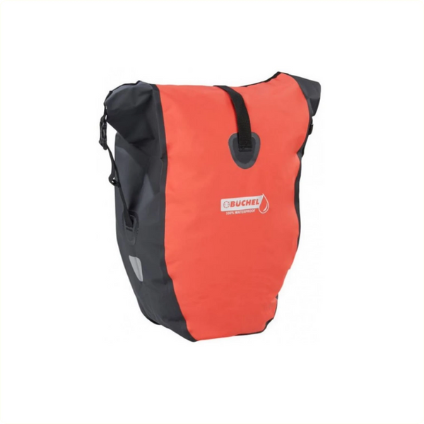 Büchel enkele tas, 100% waterdicht. Waterdichte rits. afmetingen: 56,5 x 30 x 15 cm. Volume: 25,4L incl. Haaksysteem voor aan de bagagedrager. Rood/Zwart - AE-trading